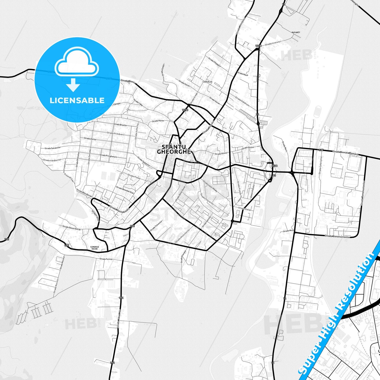 Sfântu Gheorghe, Romania Light Map with Street Names, City Names, and Districts