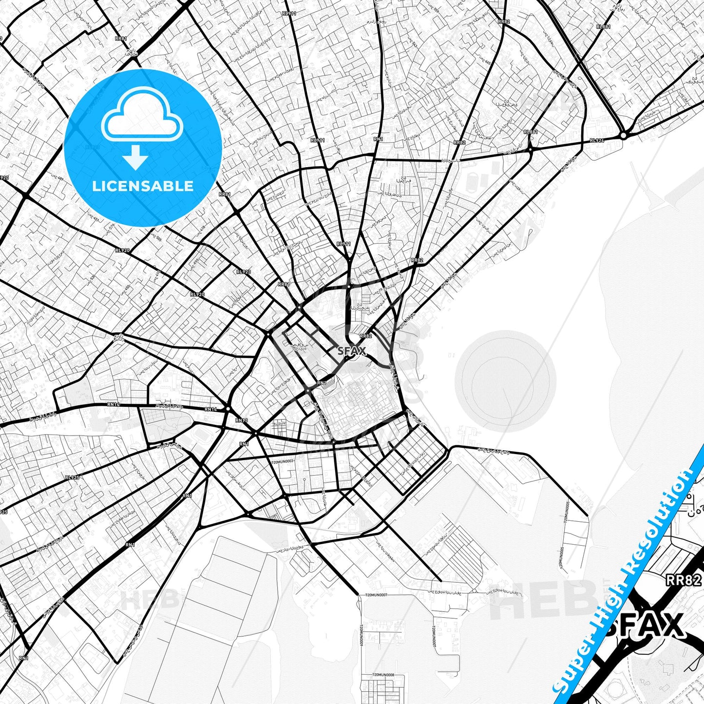 Sfax, Tunisia Light Map with Street Names, City Names, and Districts