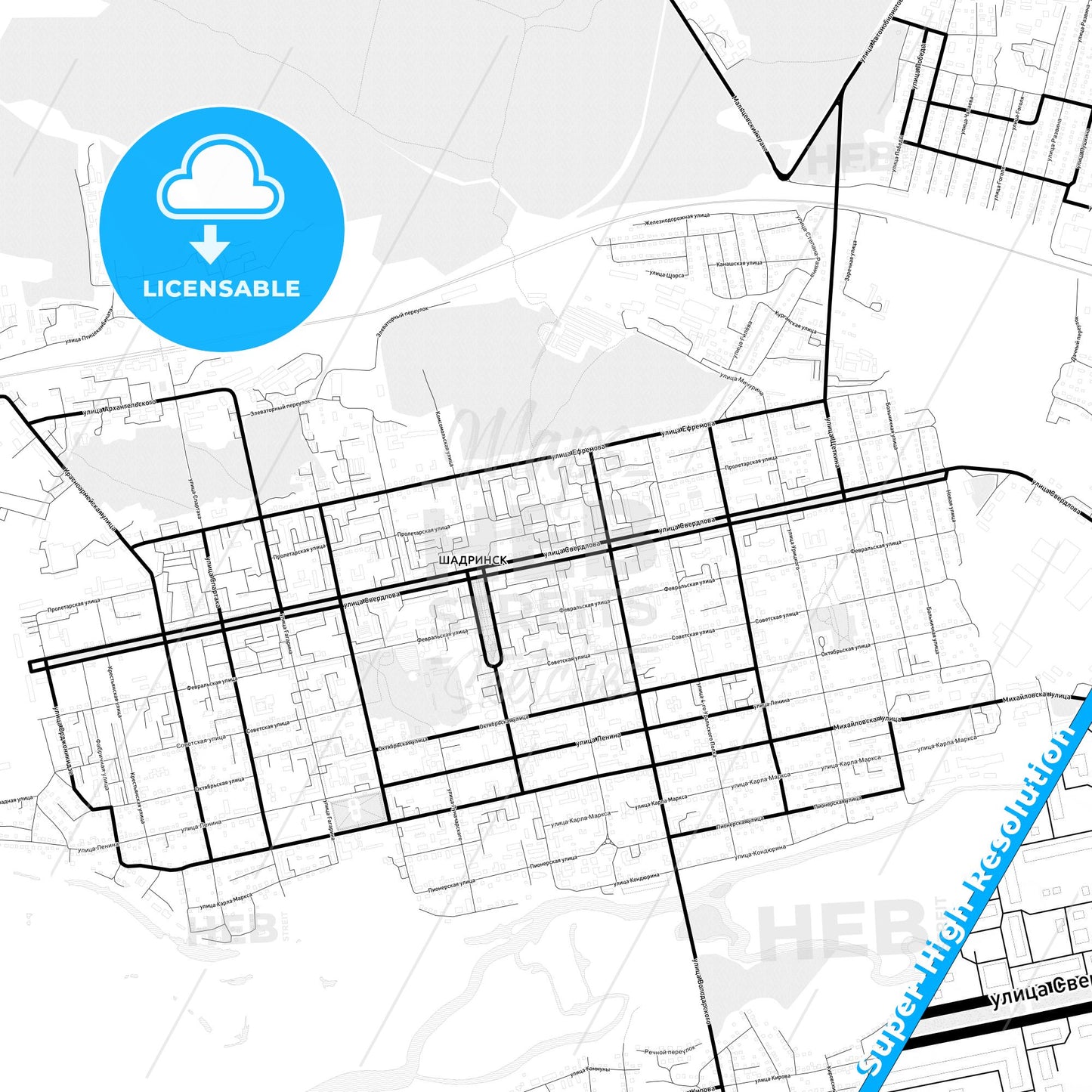 Shadrinsk, Russia Light Map with Street Names, City Names, and Districts