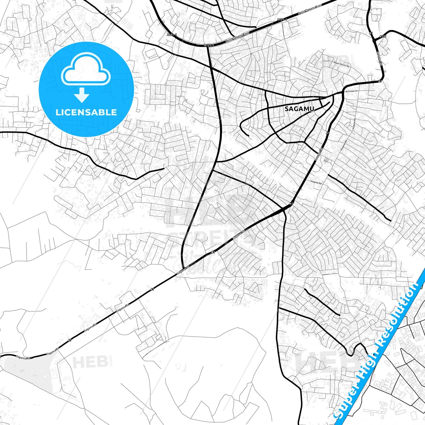 Shagamu, Nigeria Light Map with Street Names, City Names, and Districts