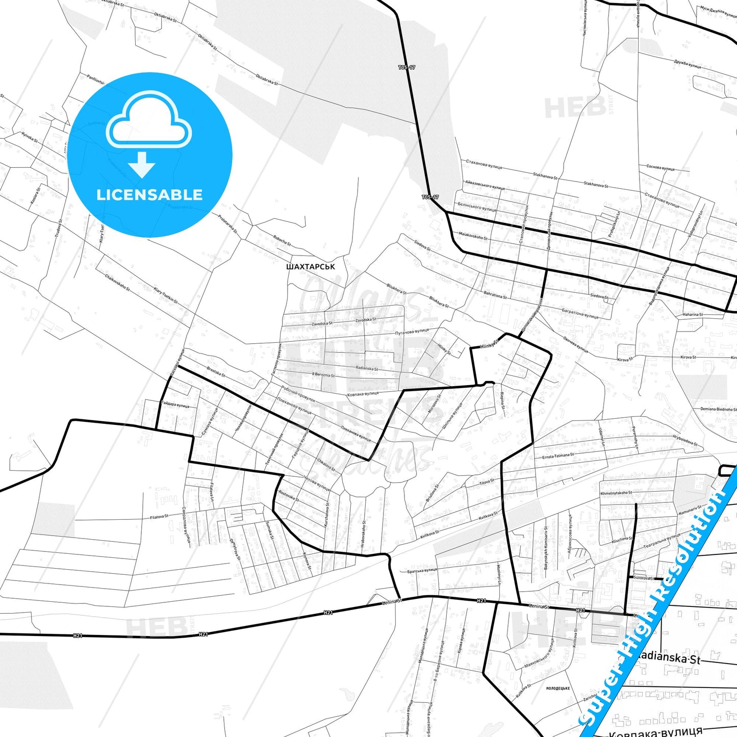 Shakhtarsk, Ukraine Light Map with Street Names, City Names, and Districts