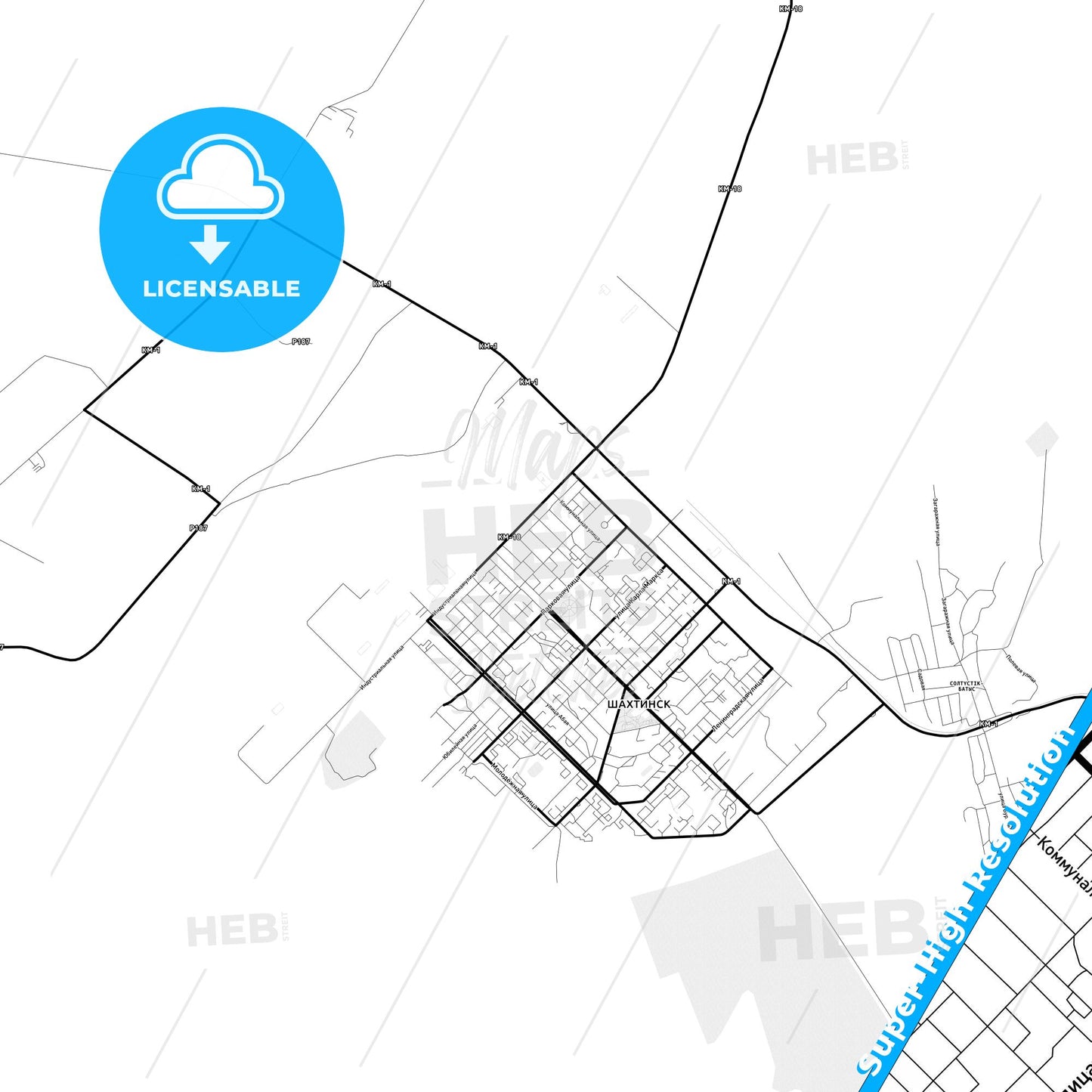 Shakhtinsk, Kazakhstan Light Map with Street Names, City Names, and Districts