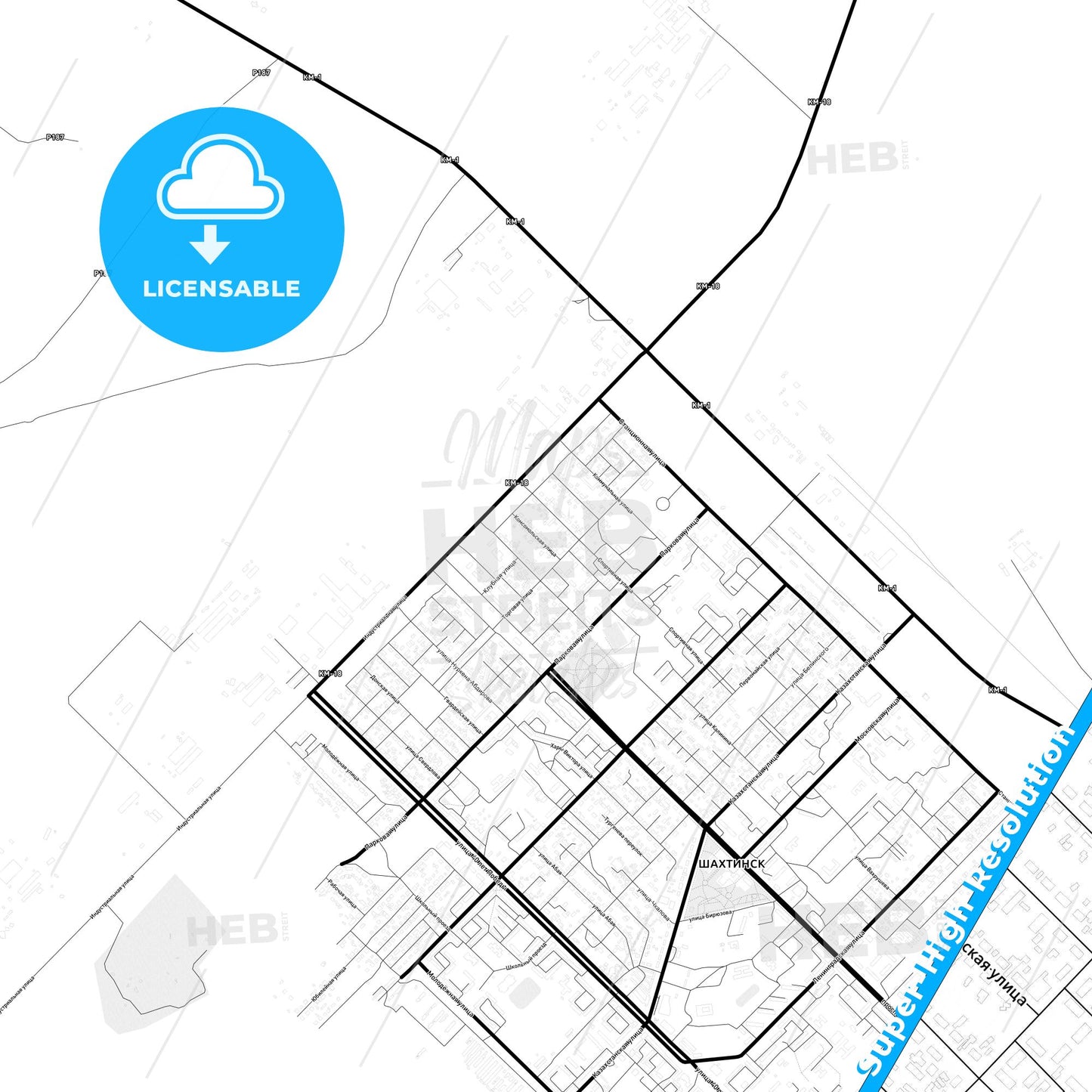Shakhtinsk, Kazakhstan Light Map with Street Names, City Names, and Districts
