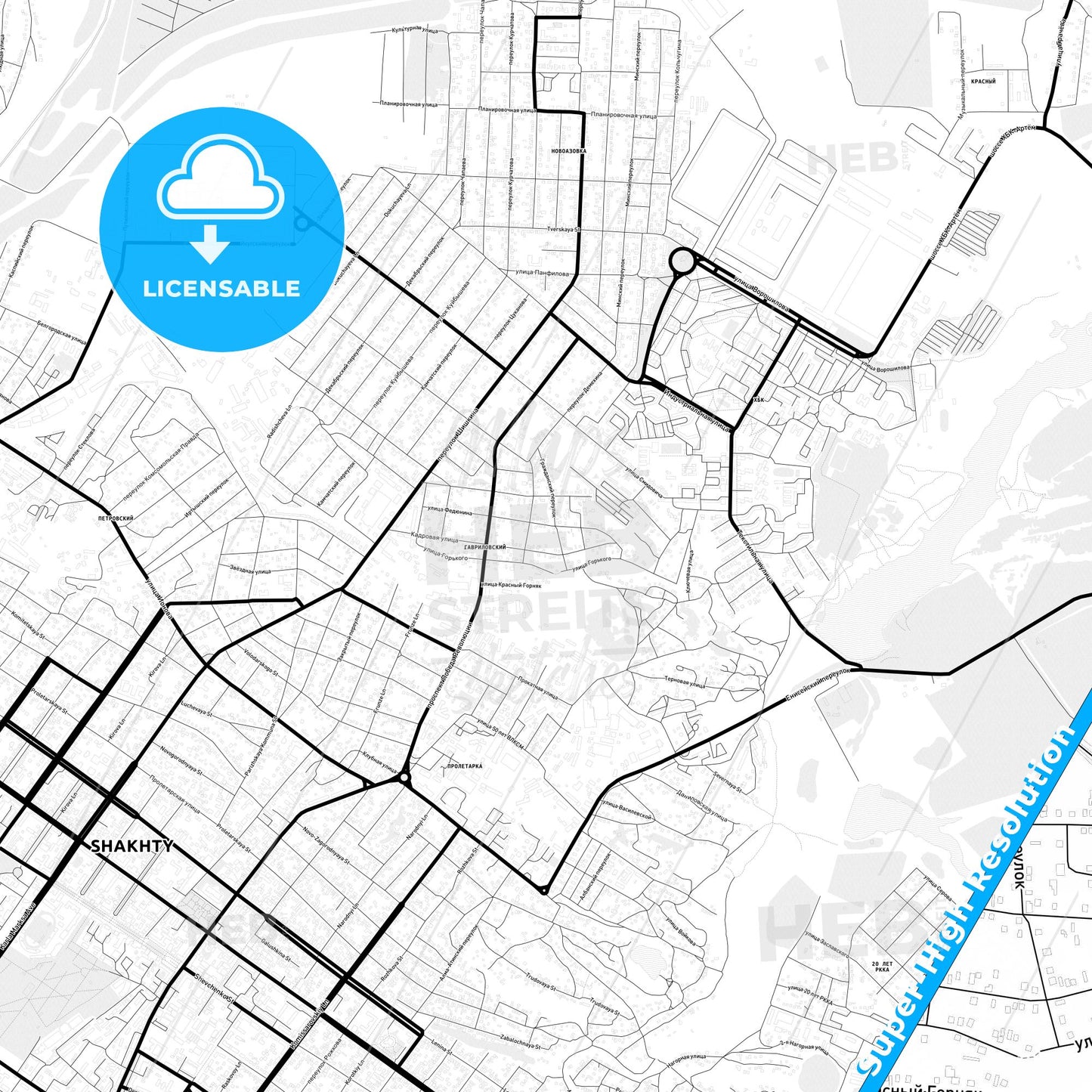 Shakhty, Russia Light Map with Street Names, City Names, and Districts