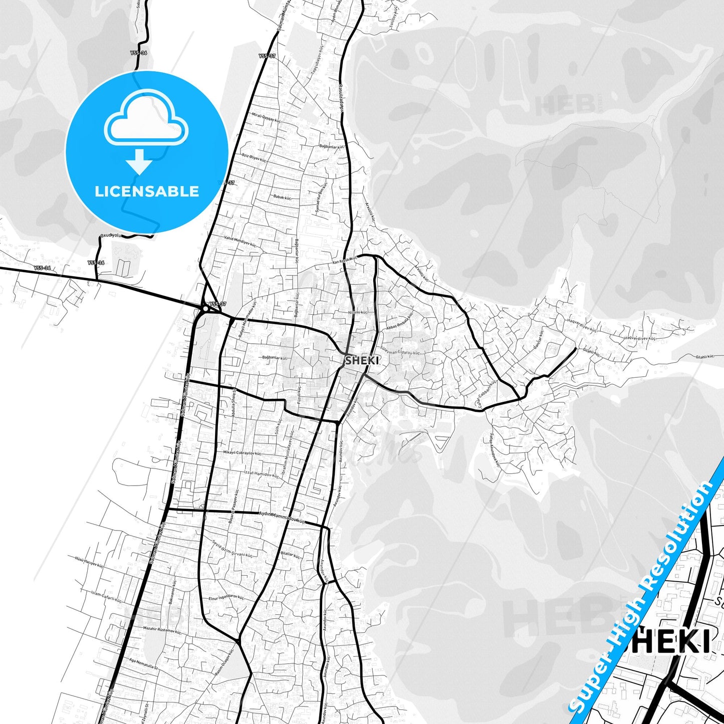 Shaki, Azerbaijan Light Map with Street Names, City Names, and Districts