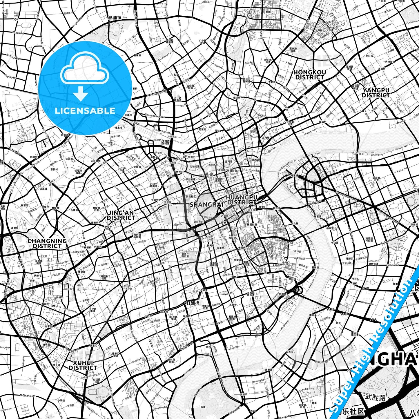 Shanghai, China Light Map with Street Names, City Names, and Districts