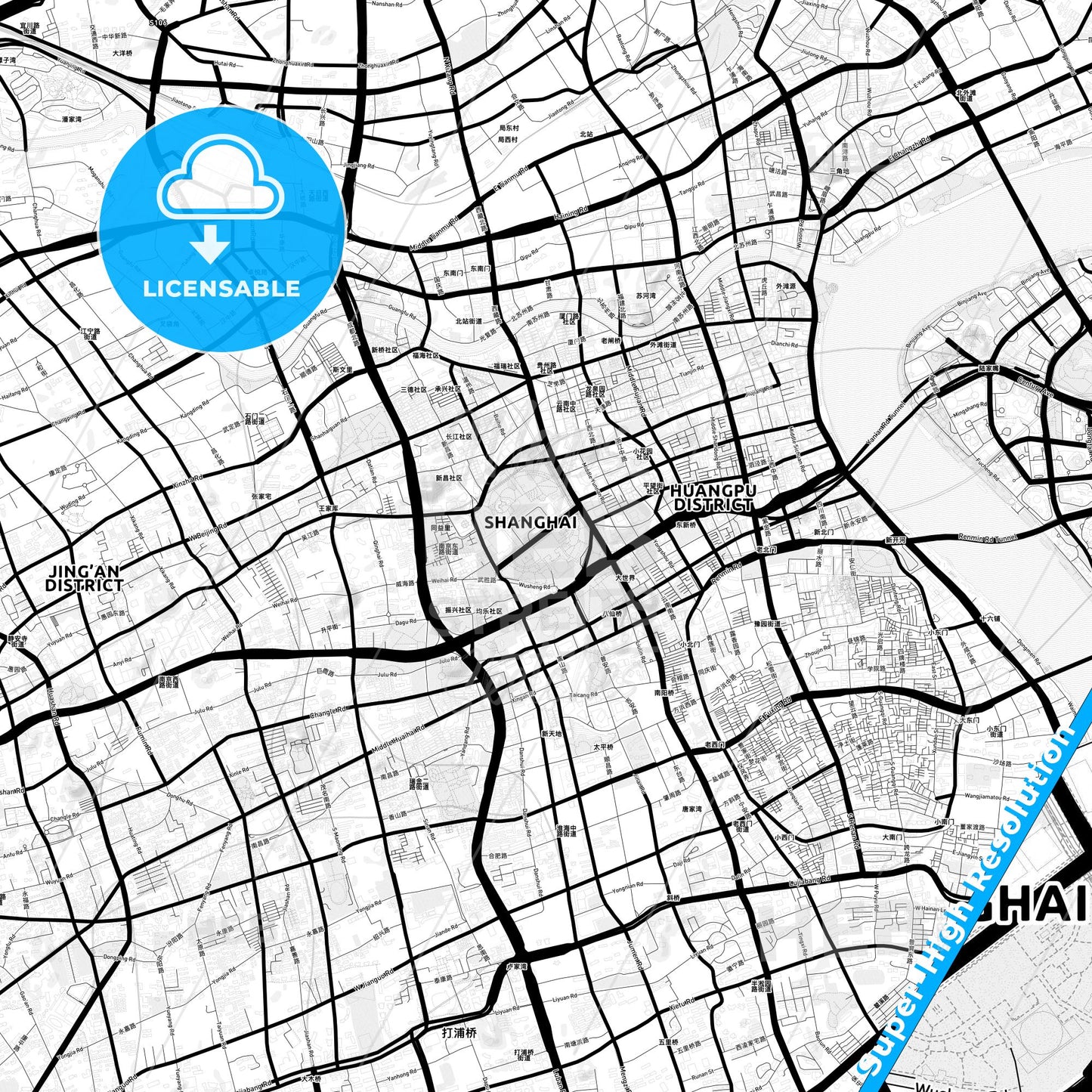 Shanghai, China Light Map with Street Names, City Names, and Districts