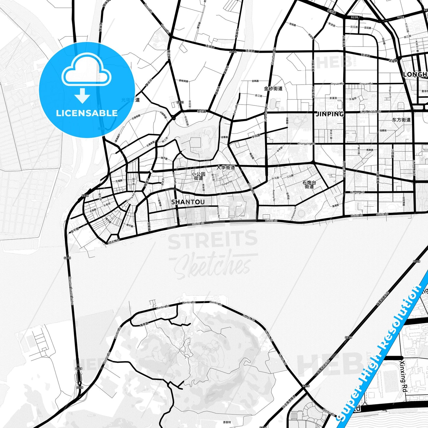 Shantou, China Light Map with Street Names, City Names, and Districts