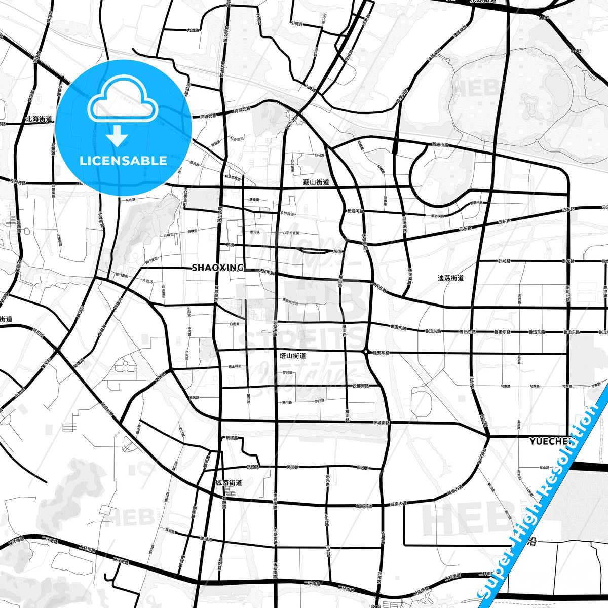 Shaoxing, China Light Map with Street Names, City Names, and Districts