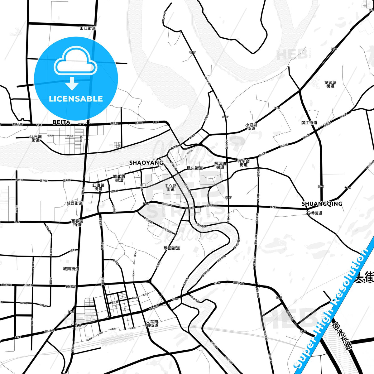 Shaoyang, China Light Map with Street Names, City Names, and Districts