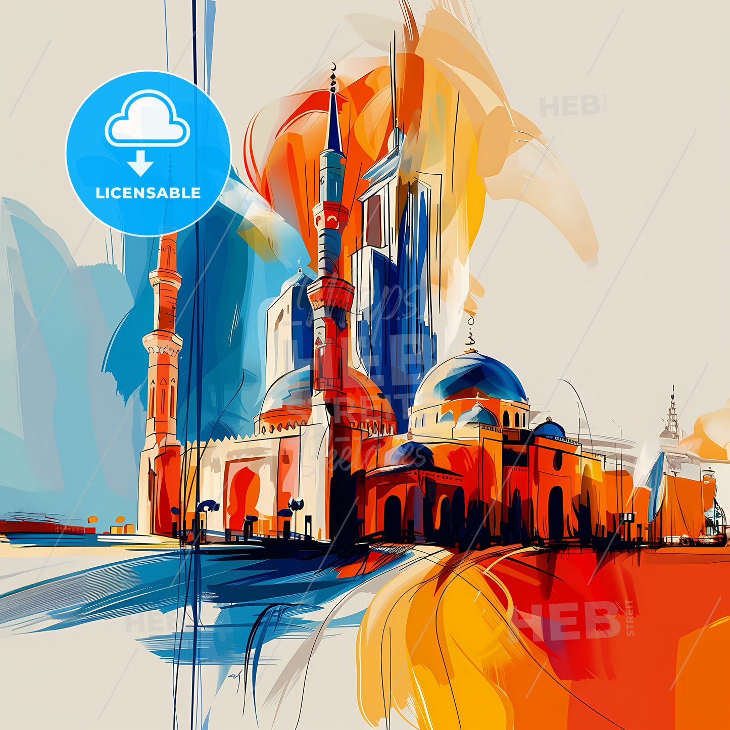 Vibrant Sharjah , United Arab Emirates - A Painting Of A Building With Towers