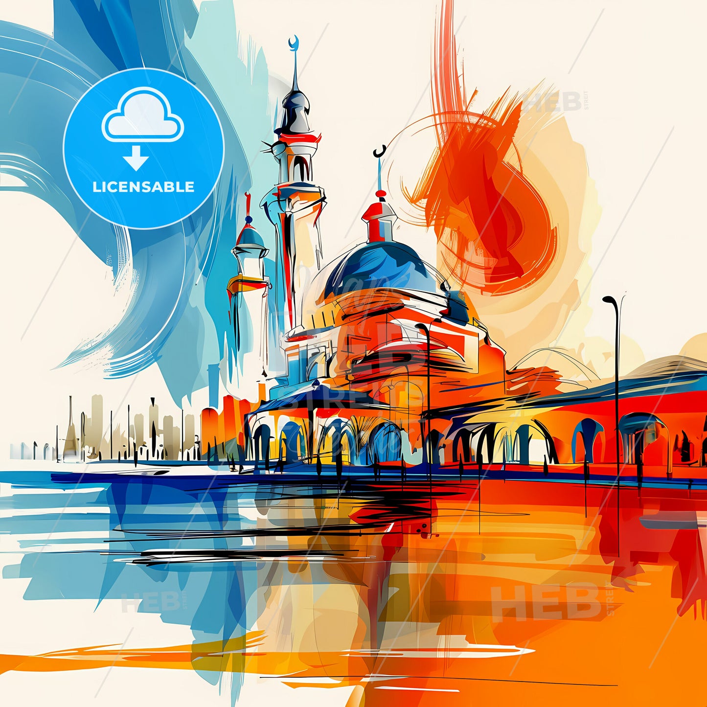 Vibrant Sharjah , United Arab Emirates - A Painting Of A Building With Towers And A Blue And Orange Background