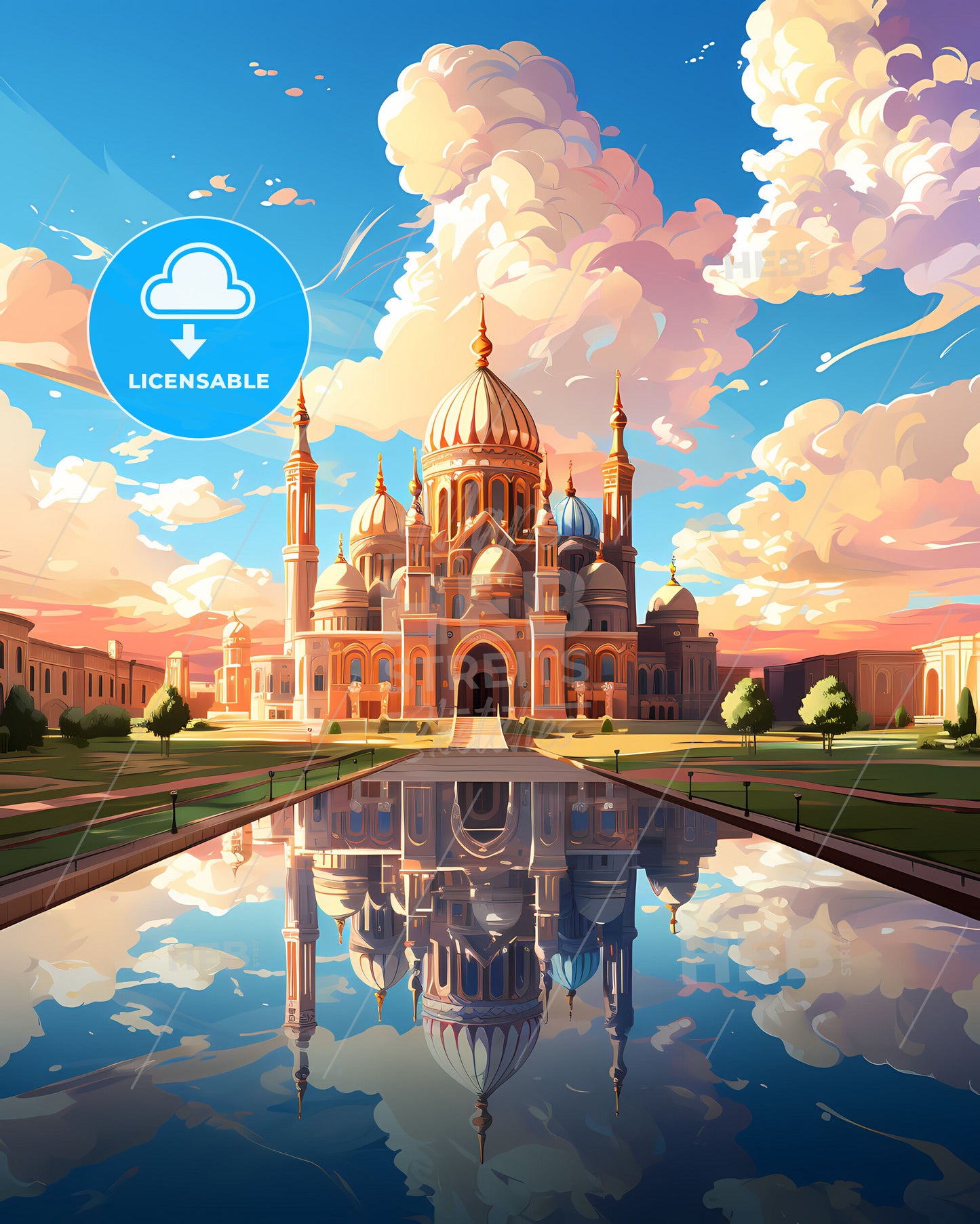 Sharjah City Skyline Tower Dome Painting Artistic Vibrant Building Architecture United Arab Emirates