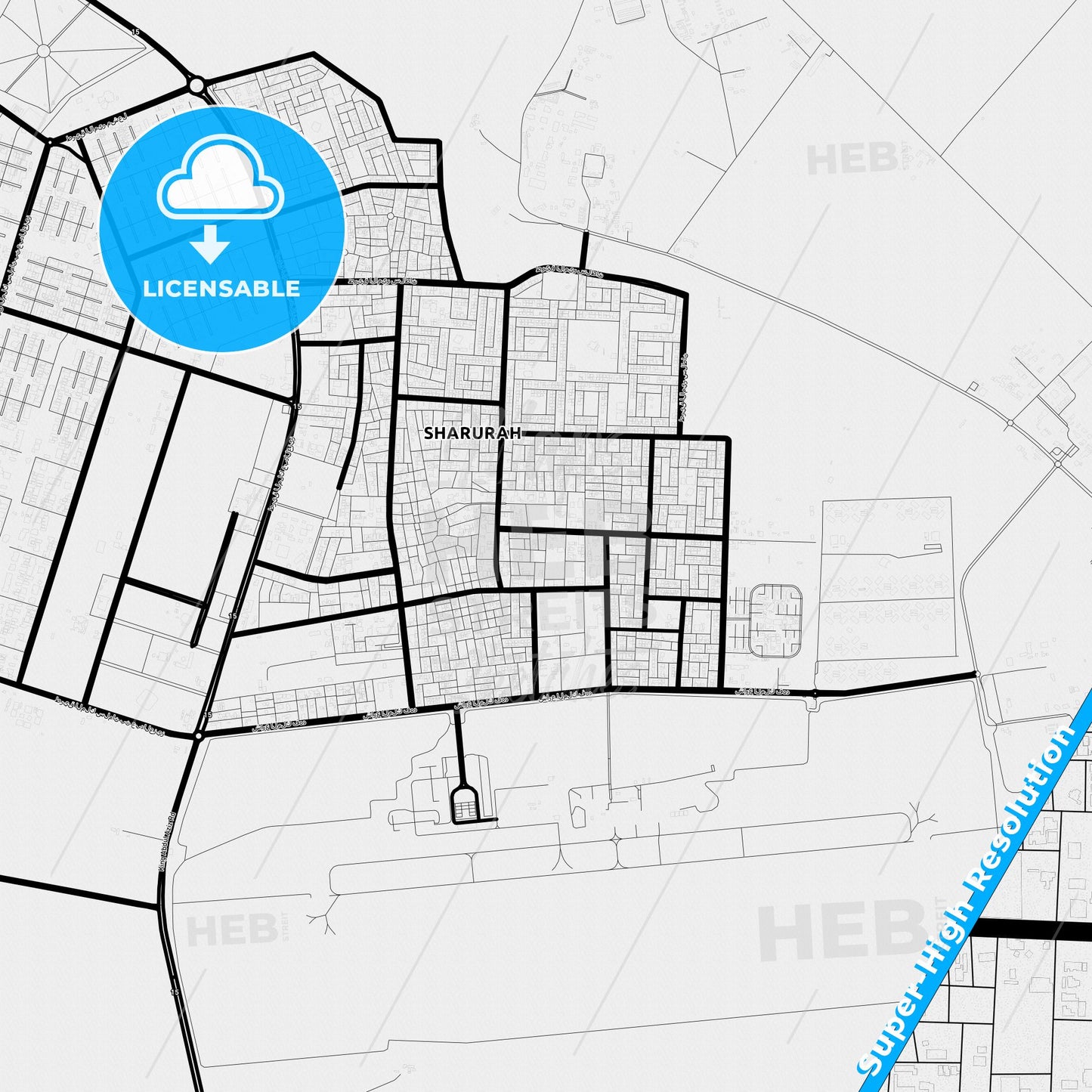 Sharurah, Saudi Arabia Light Map with Street Names, City Names, and Districts