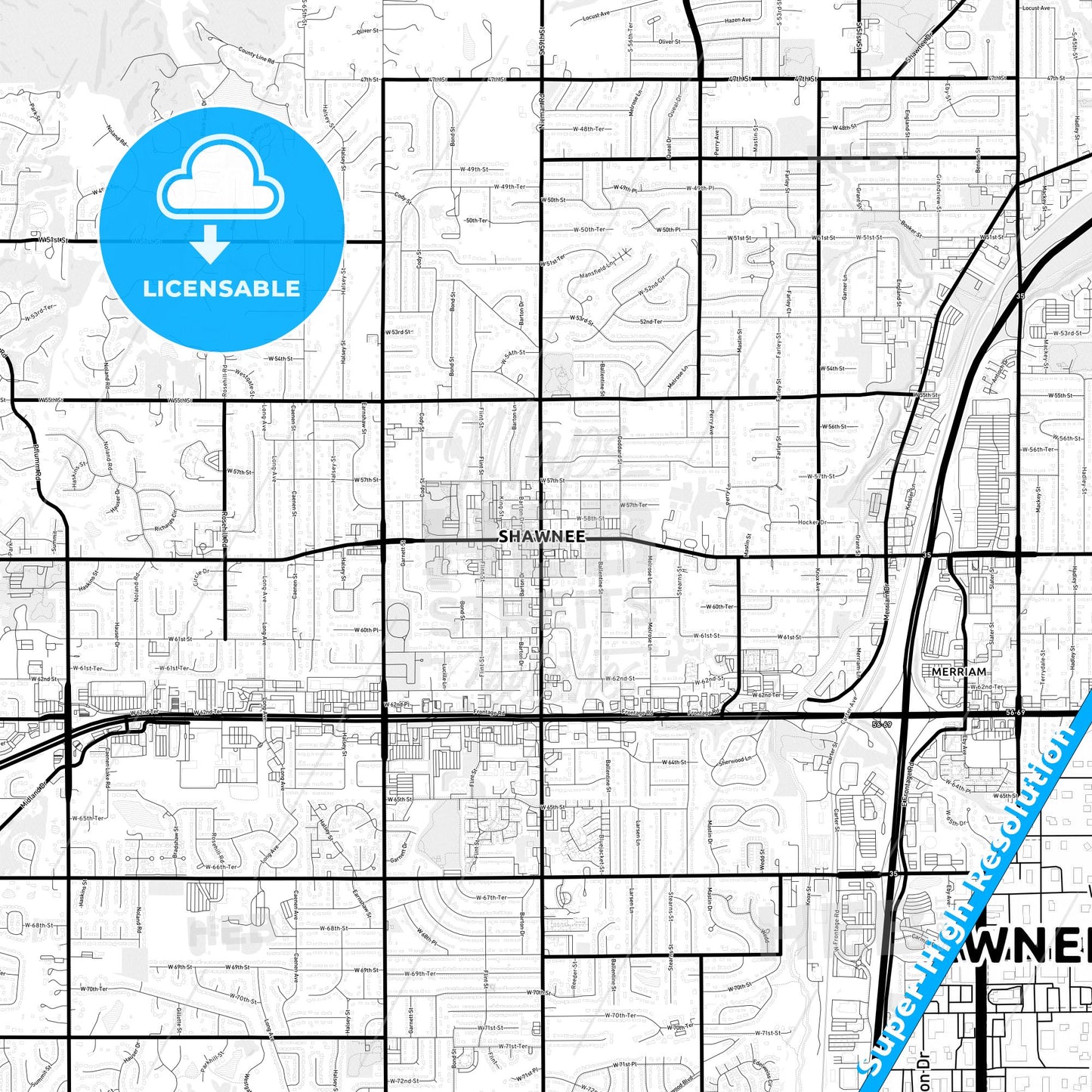 Shawnee, Kansas Light Map with Street Names, City Names, and Districts