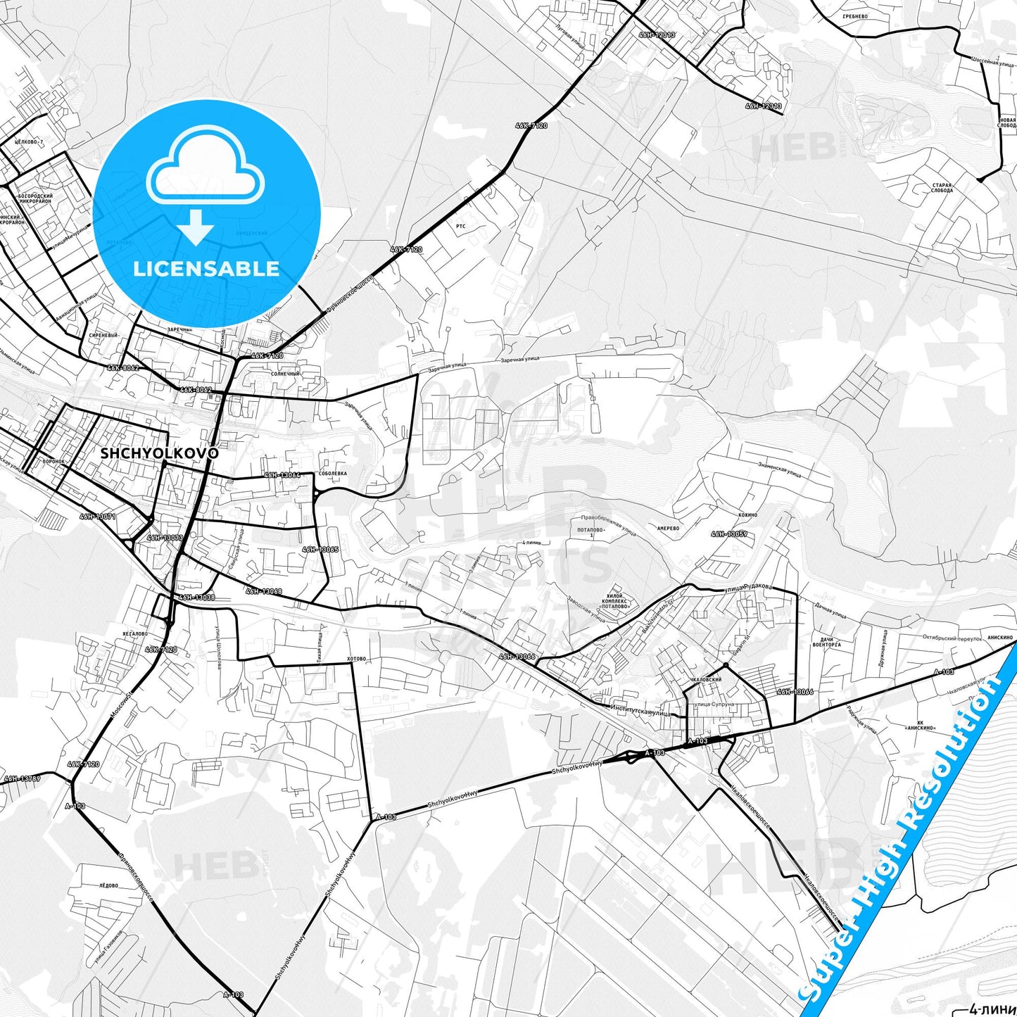 Shchyolkovo, Russia Light Map with Street Names, City Names, and Districts