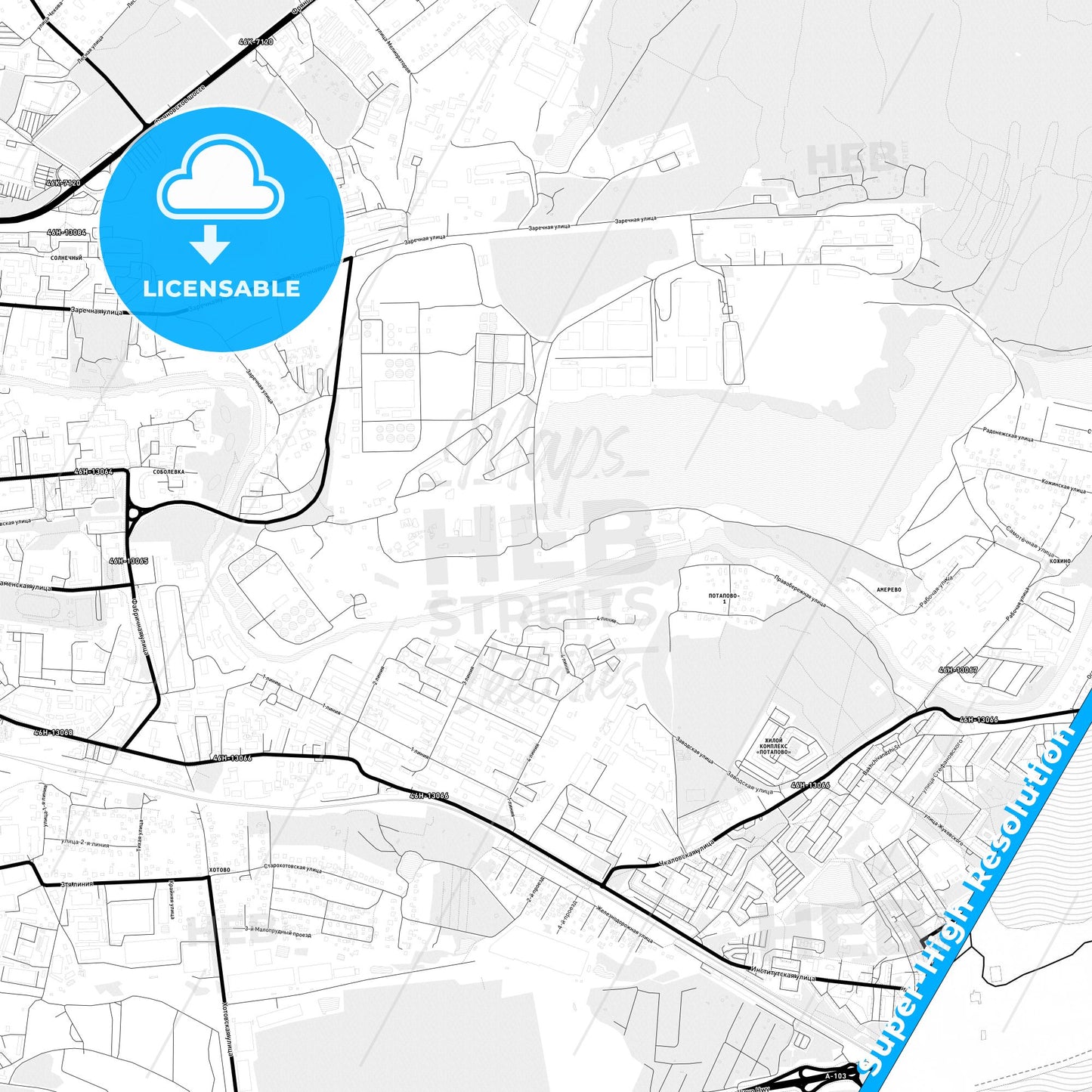 Shchyolkovo, Russia Light Map with Street Names, City Names, and Districts