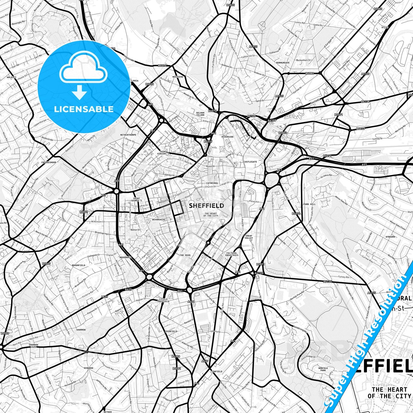 Sheffield, England Light Map with Street Names, City Names, and Districts