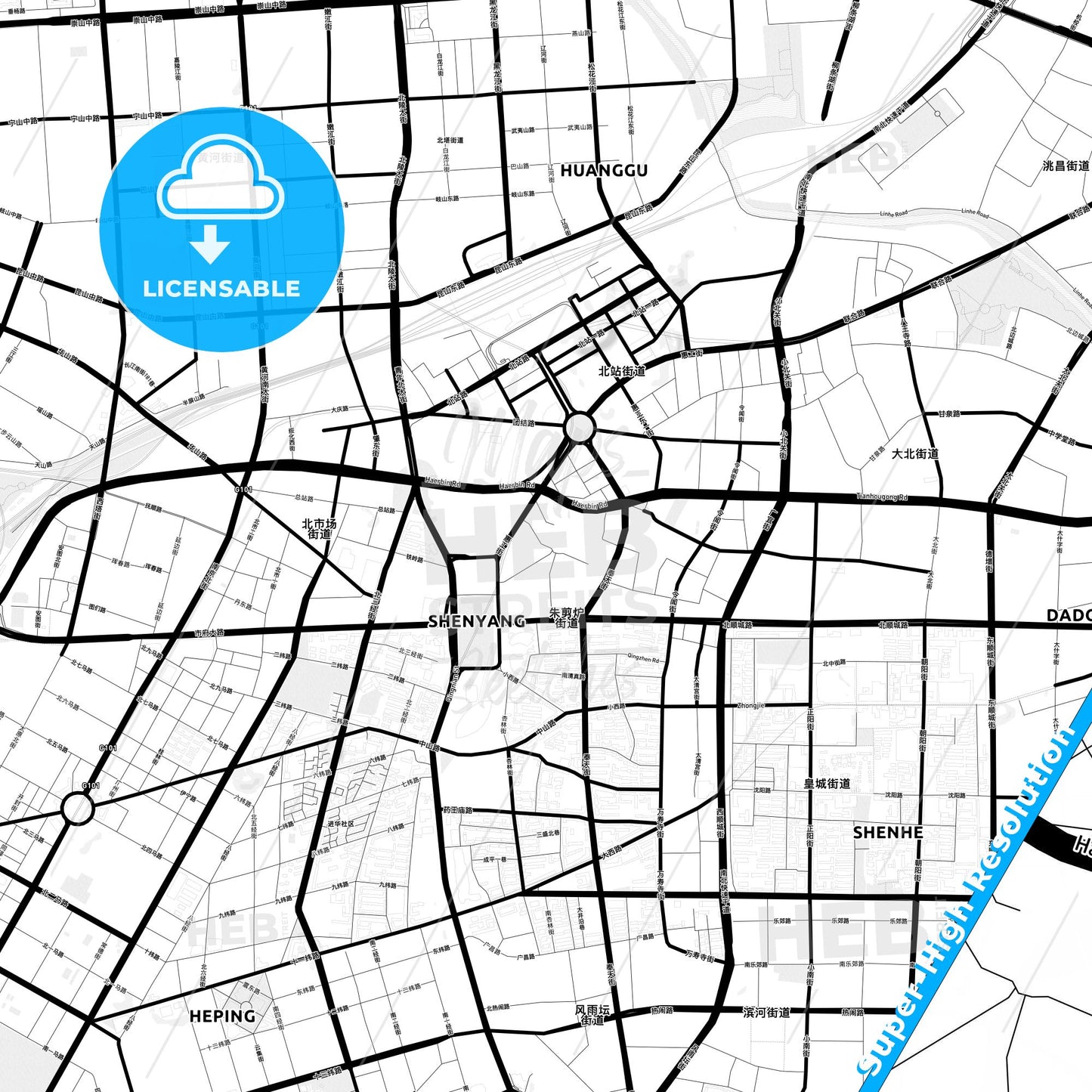 Shenyang, China Light Map with Street Names, City Names, and Districts