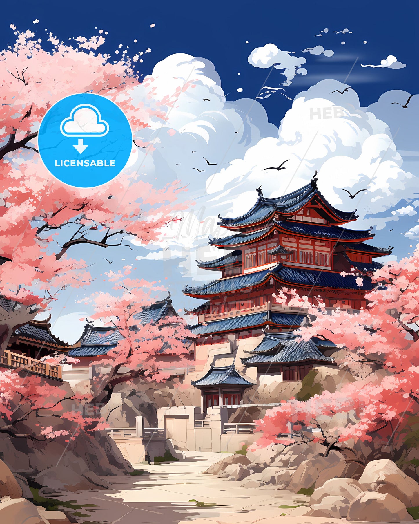 Shenyang China Skyline Art | Vibrant Pagoda Painting | Cherry Blossom Cityscape
