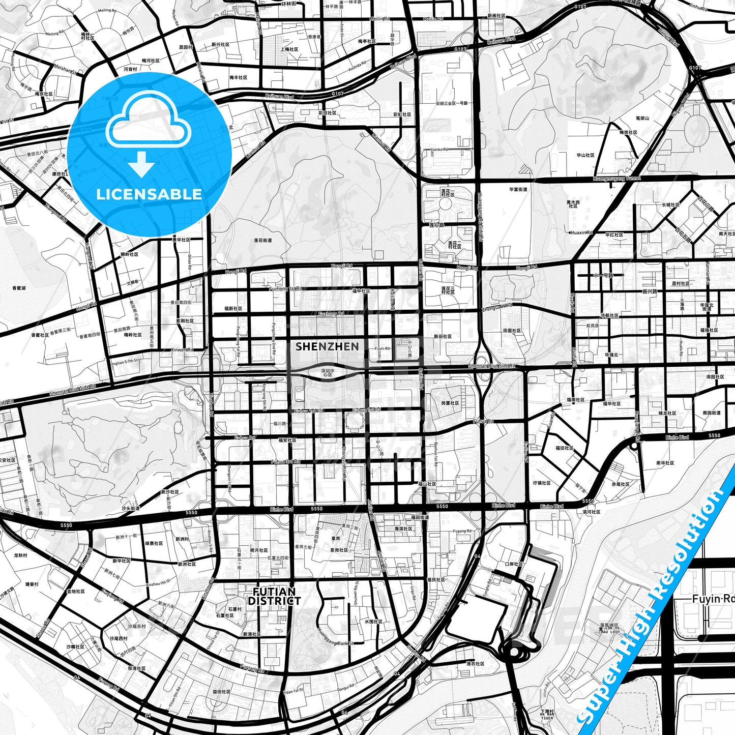 Shenzhen, China Light Map with Street Names, City Names, and Districts