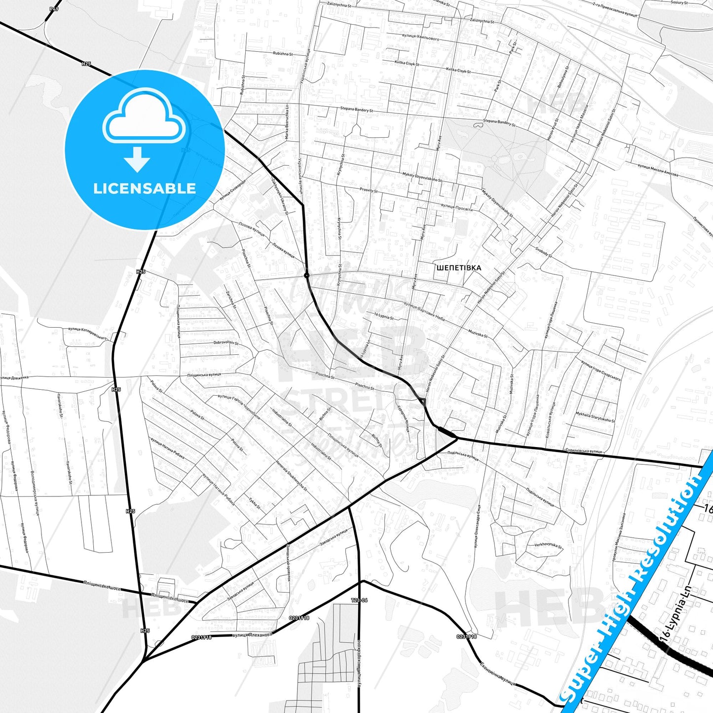Shepetivka, Ukraine Light Map with Street Names, City Names, and Districts