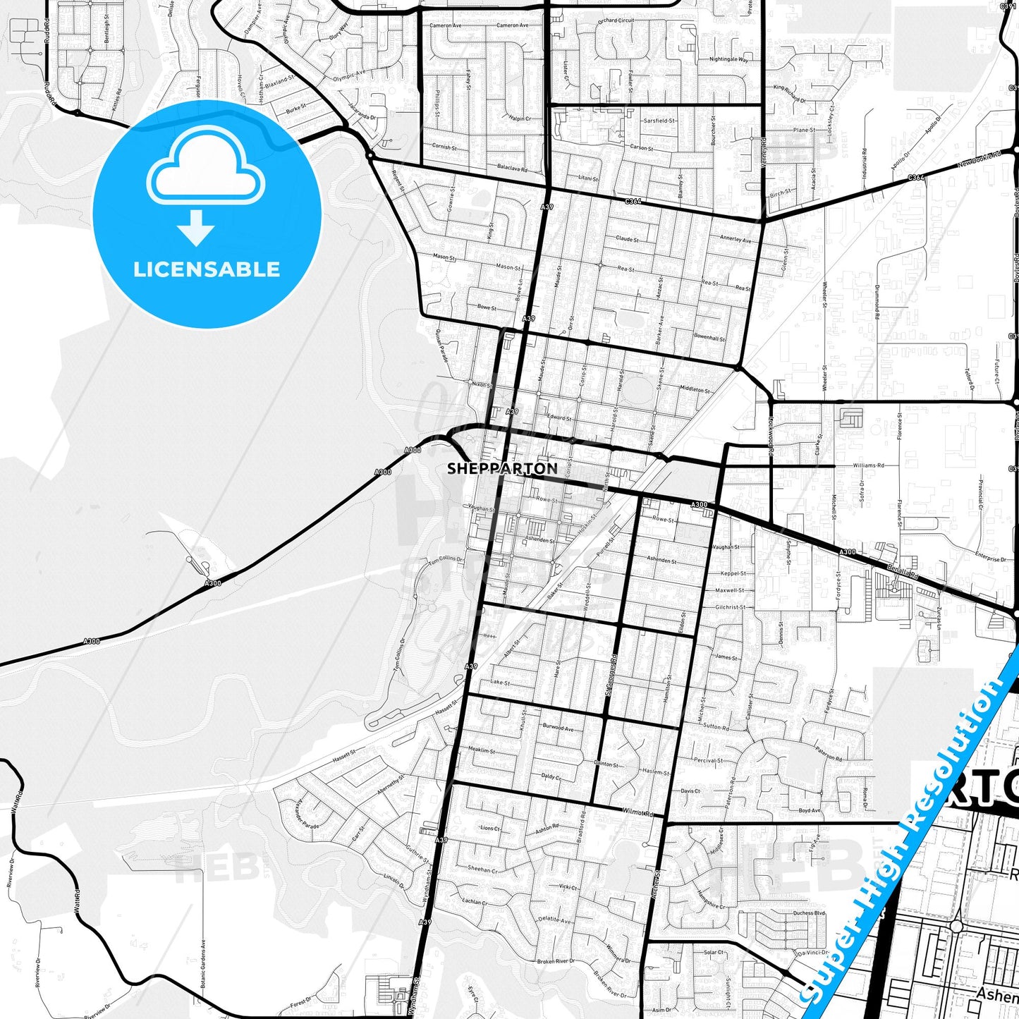 Shepparton–Mooroopna, Australia Light Map with Street Names, City Names, and Districts