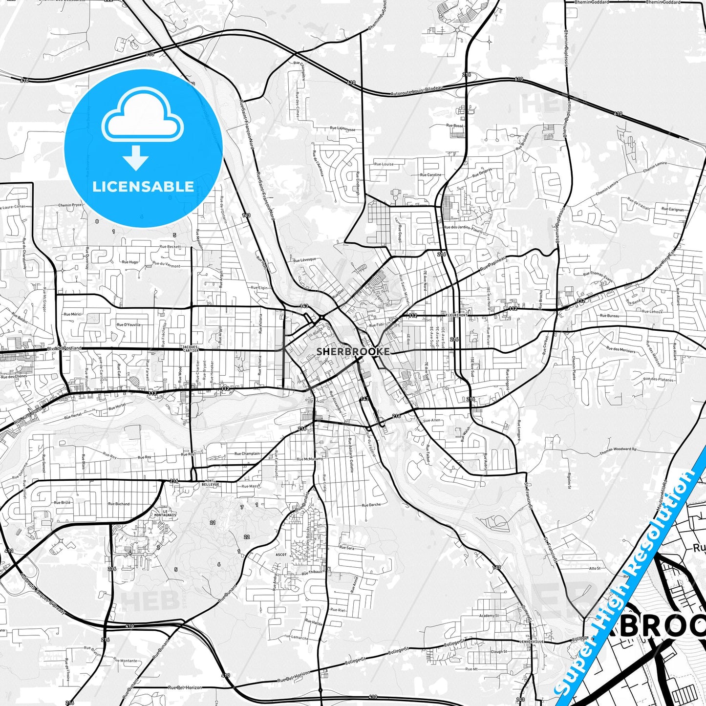 Sherbrooke, Canada Light Map with Street Names, City Names, and Districts