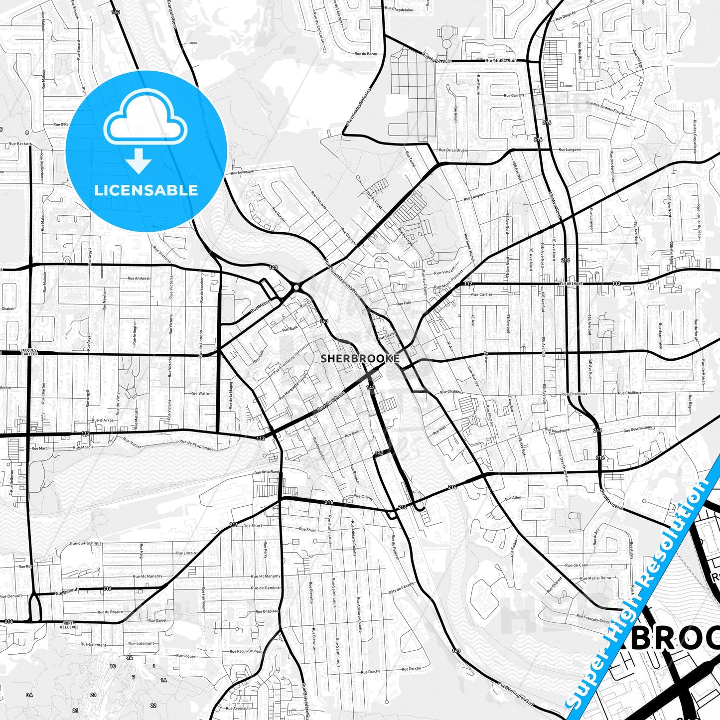 Sherbrooke, Canada Light Map with Street Names, City Names, and Districts