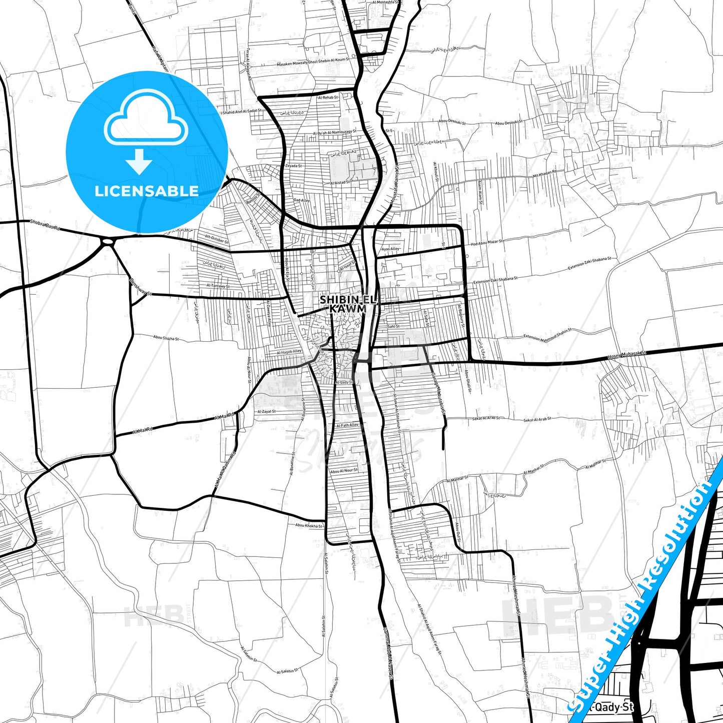 Shibin al Kawm, Egypt Light Map with Street Names, City Names, and Districts