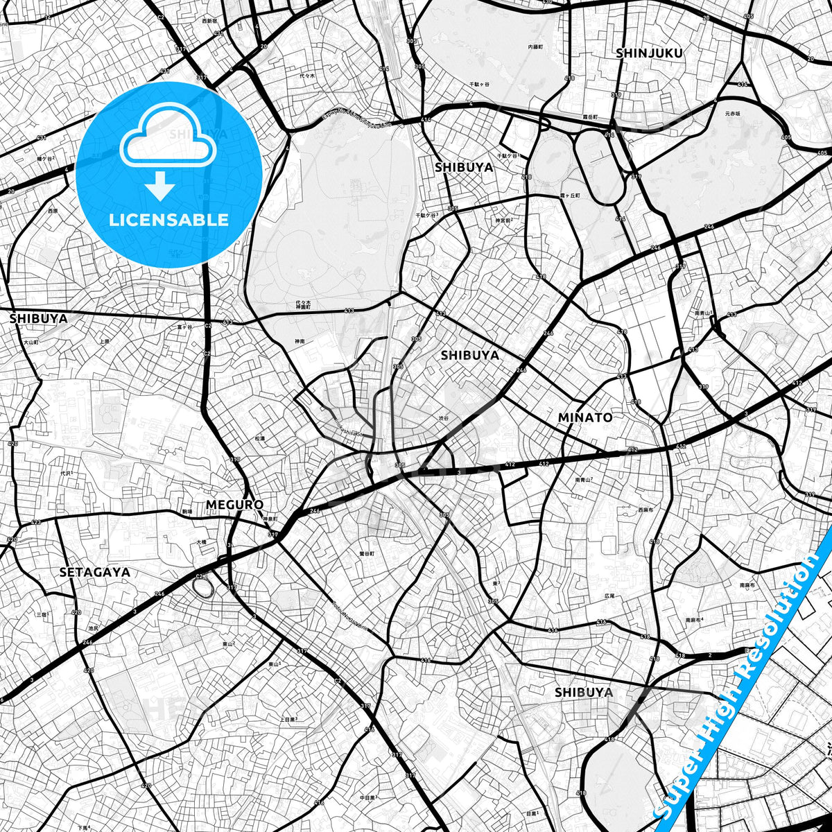 Shibuya, Japan Light Map with Street Names, City Names, and Districts
