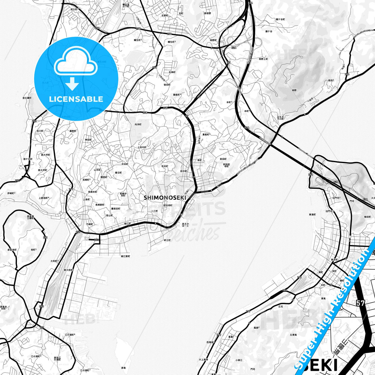 Shimonoseki, Japan Light Map with Street Names, City Names, and Districts