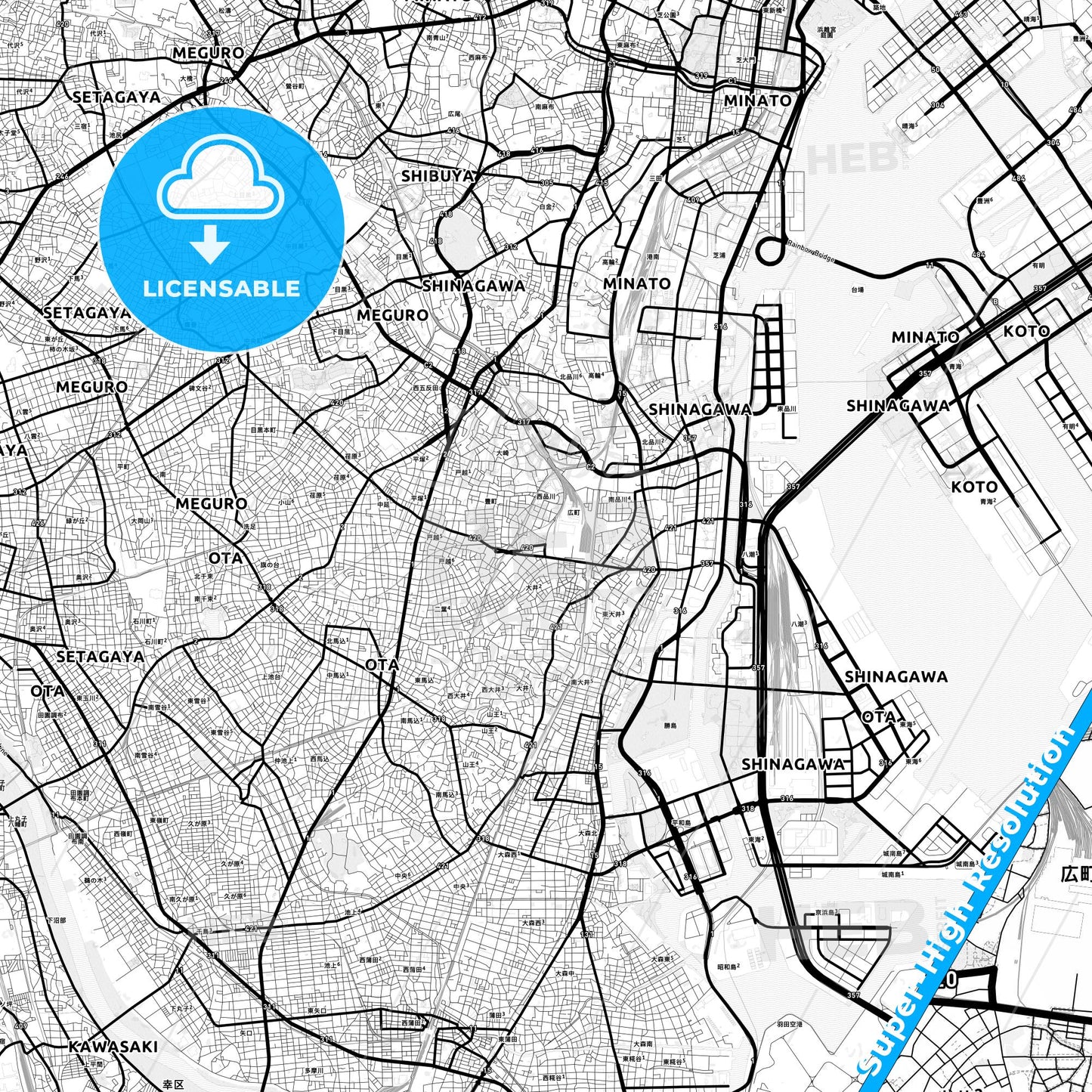 Shinagawa, Japan Light Map with Street Names, City Names, and Districts