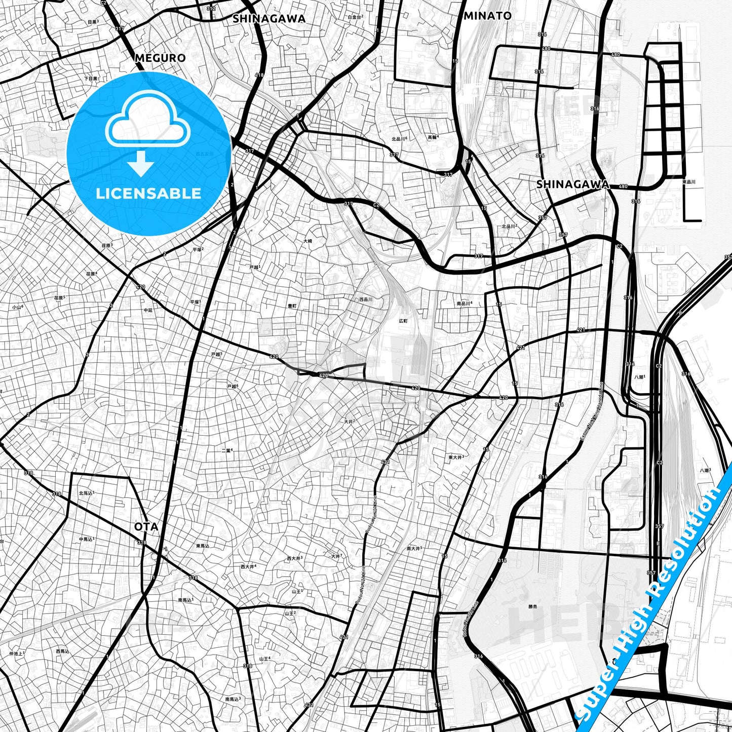 Shinagawa, Japan Light Map with Street Names, City Names, and Districts