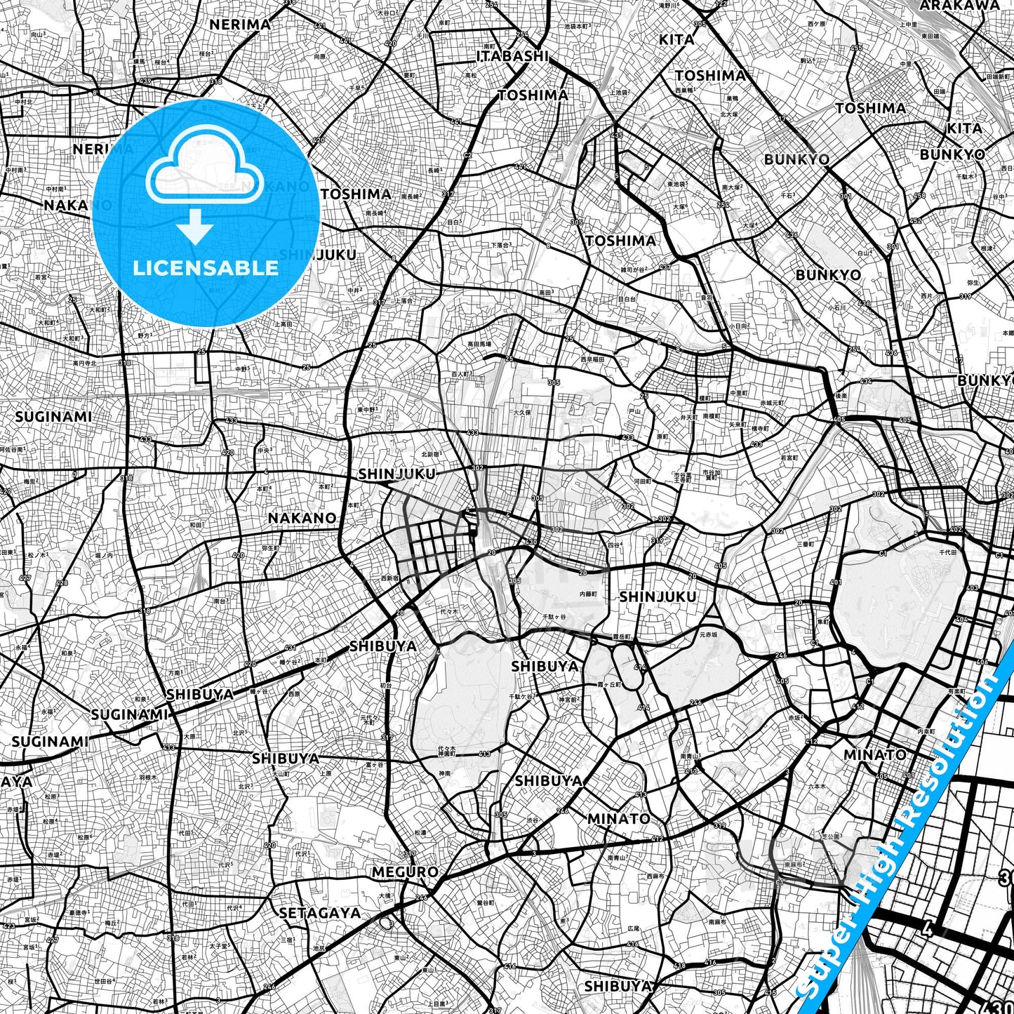 Shinjuku, Japan Light Map with Street Names, City Names, and Districts