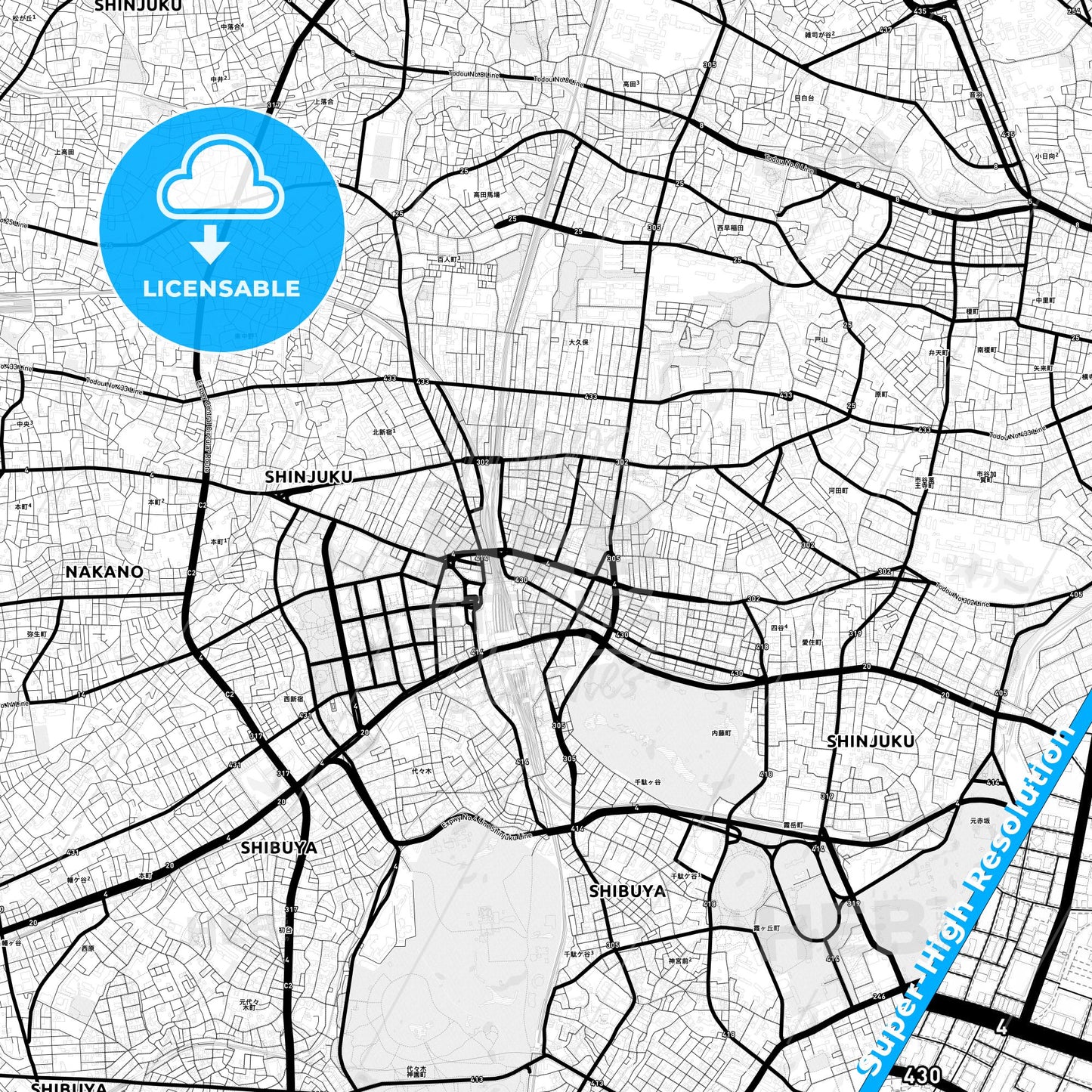 Shinjuku, Japan Light Map with Street Names, City Names, and Districts