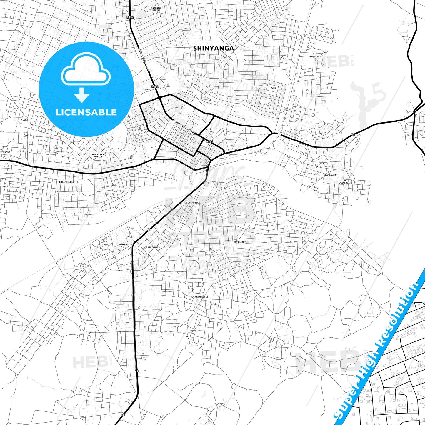 Shinyanga, Tanzania Light Map with Street Names, City Names, and Districts