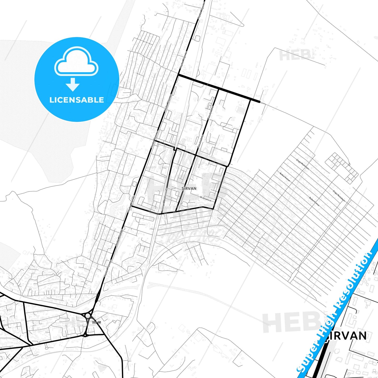 Shirvan, Azerbaijan Light Map with Street Names, City Names, and Districts
