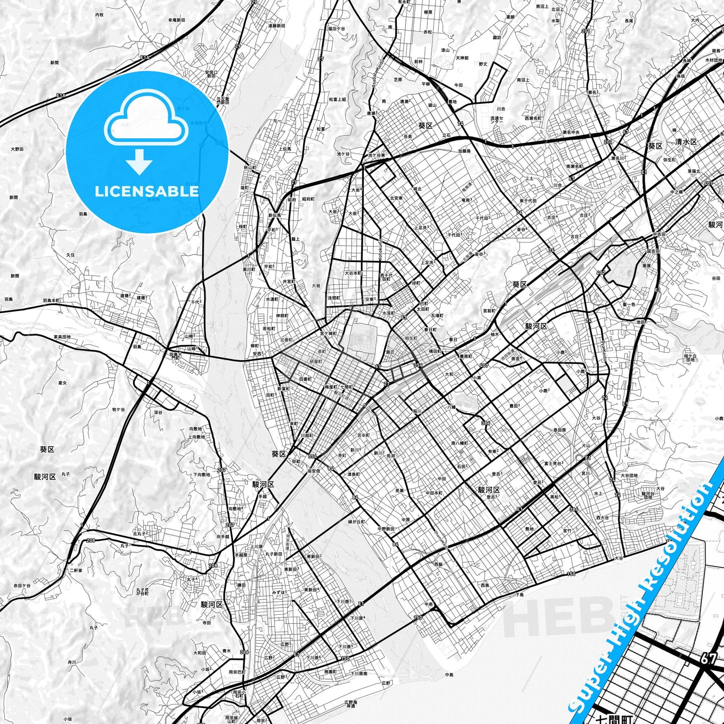 Shizuoka, Japan Light Map with Street Names, City Names, and Districts