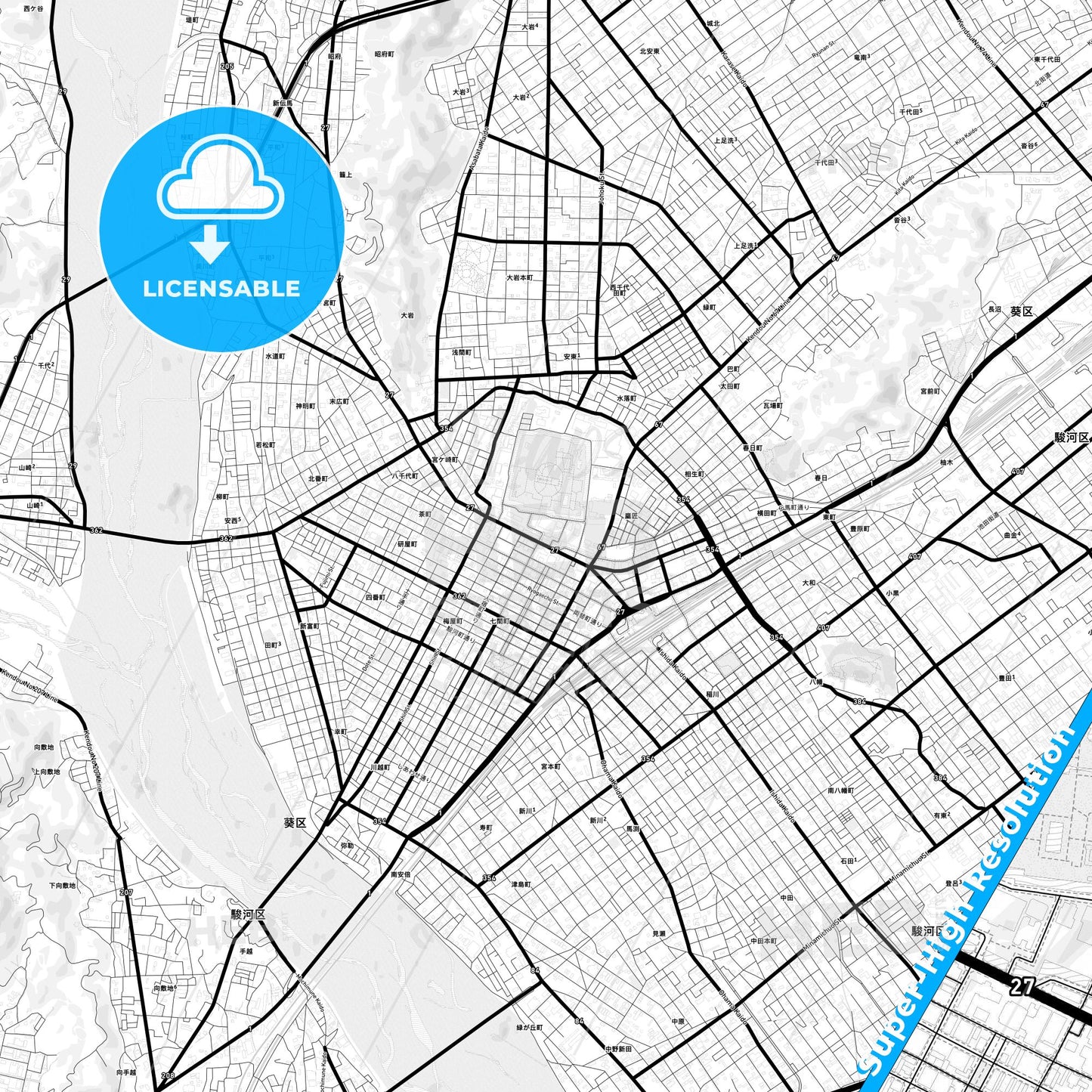 Shizuoka, Japan Light Map with Street Names, City Names, and Districts