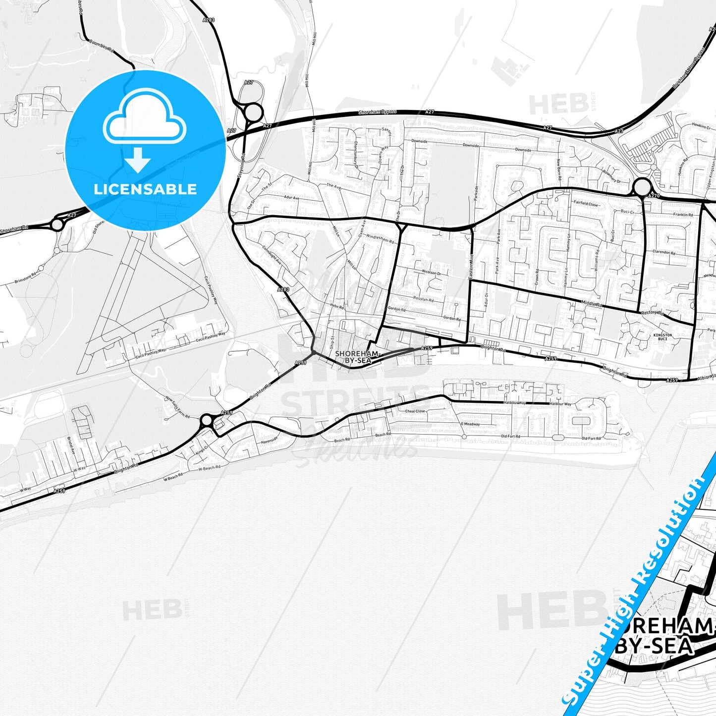 Shoreham-by-Sea, England Light Map with Street Names, City Names, and Districts