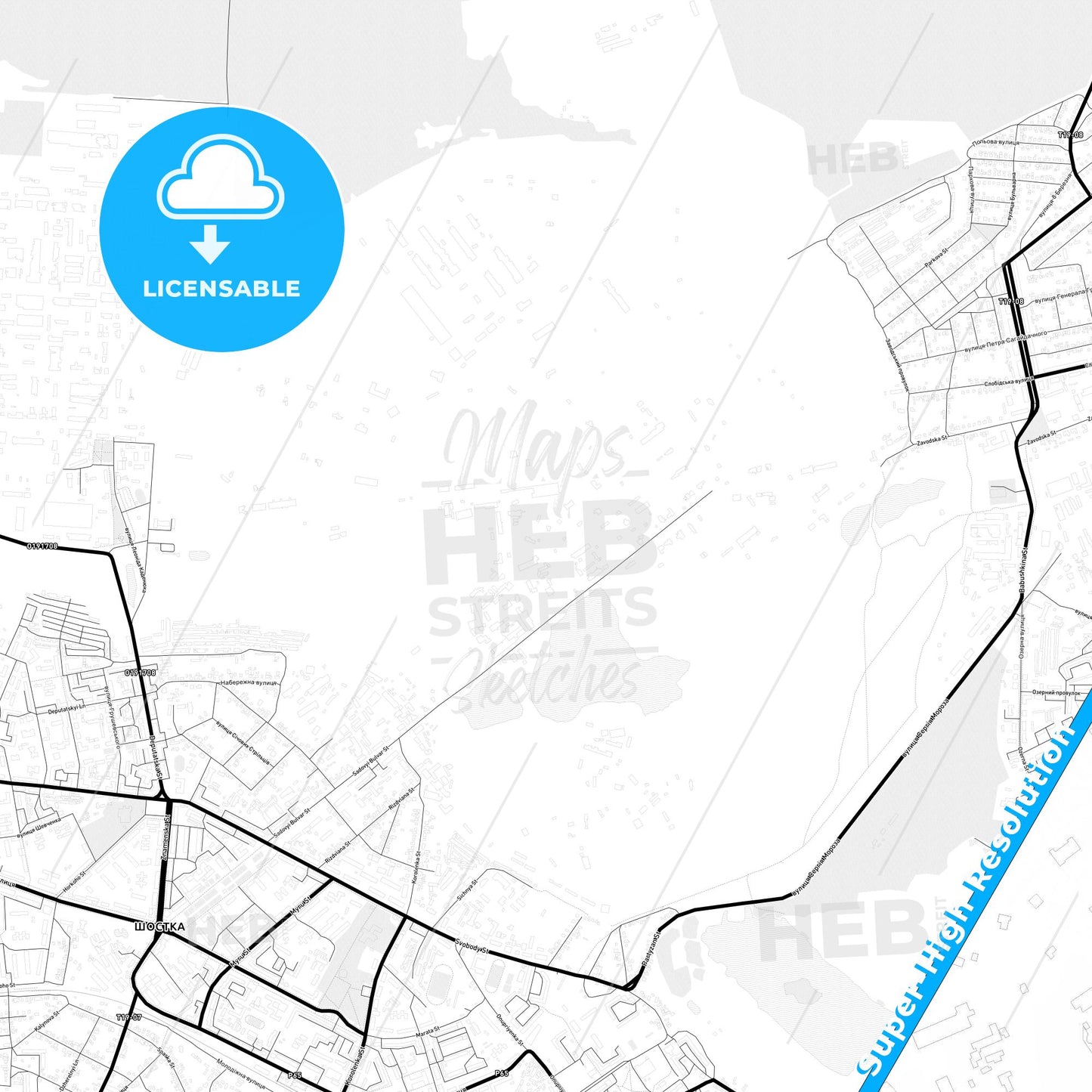Shostka, Ukraine Light Map with Street Names, City Names, and Districts