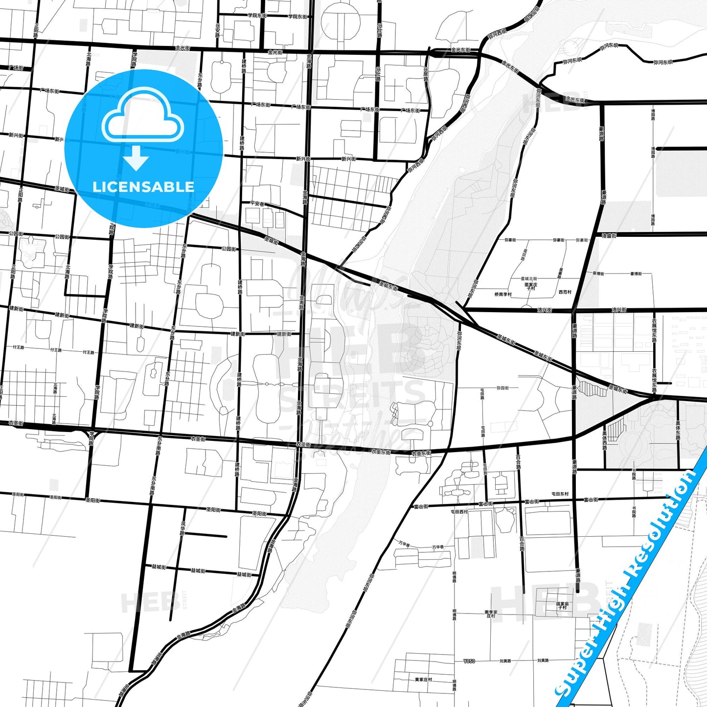 Shouguang, China Light Map with Street Names, City Names, and Districts
