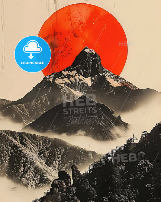 Japanese-Inspired Abstract Mountain Landscape with Geometric Red Circle and Minimalist Collage Elements