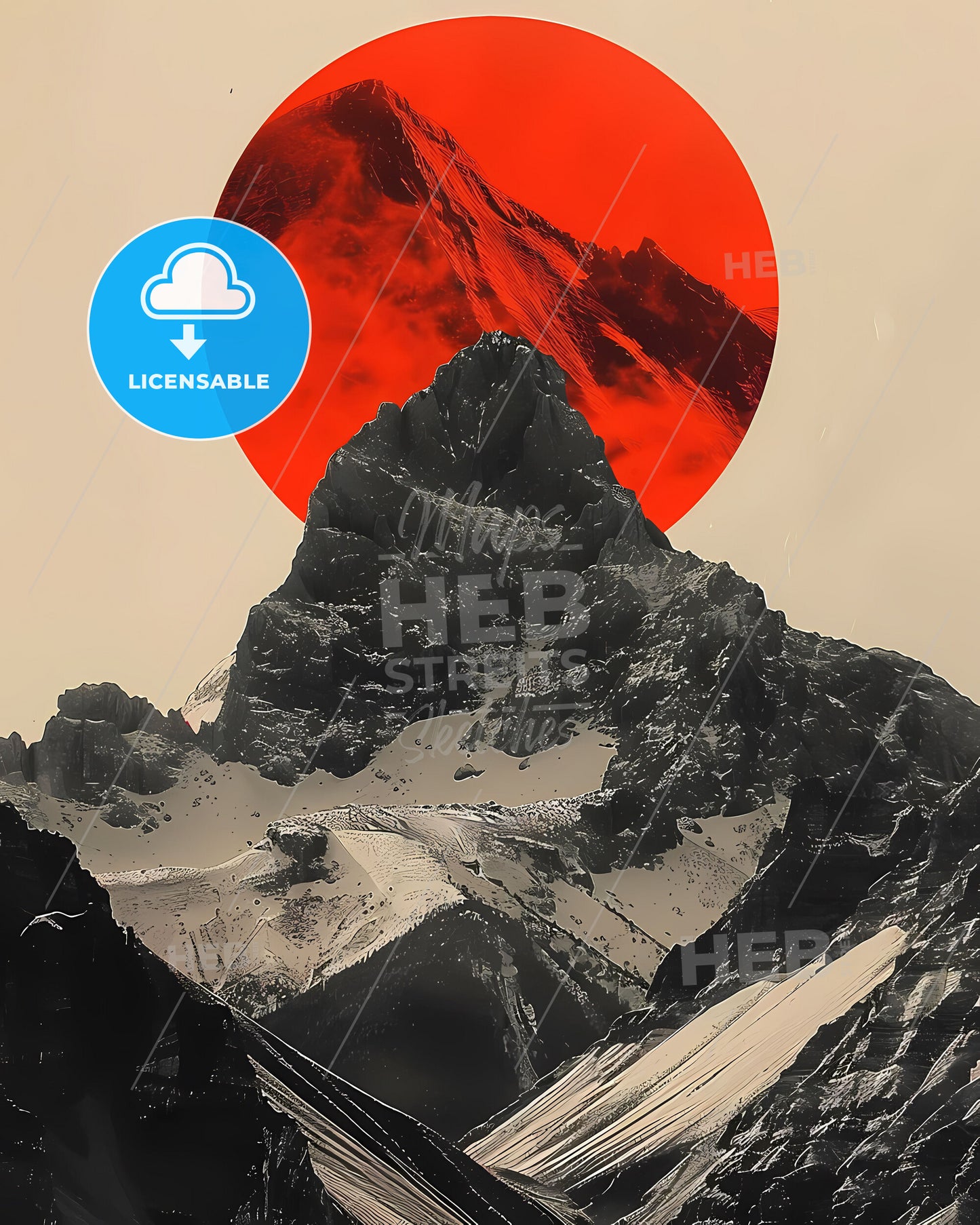 Serene Serenity Abstract Mountain Landscape Collage Digital Painting Geometric Crimson Red Minimalist Japanese Inspired Intricate Art Print Poster Fine Art Wall Decor