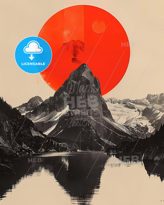 Crimson Disc Over Mountain Peaks: Abstract Minimalist Collage with Geometric Abstraction and Japanese Influence