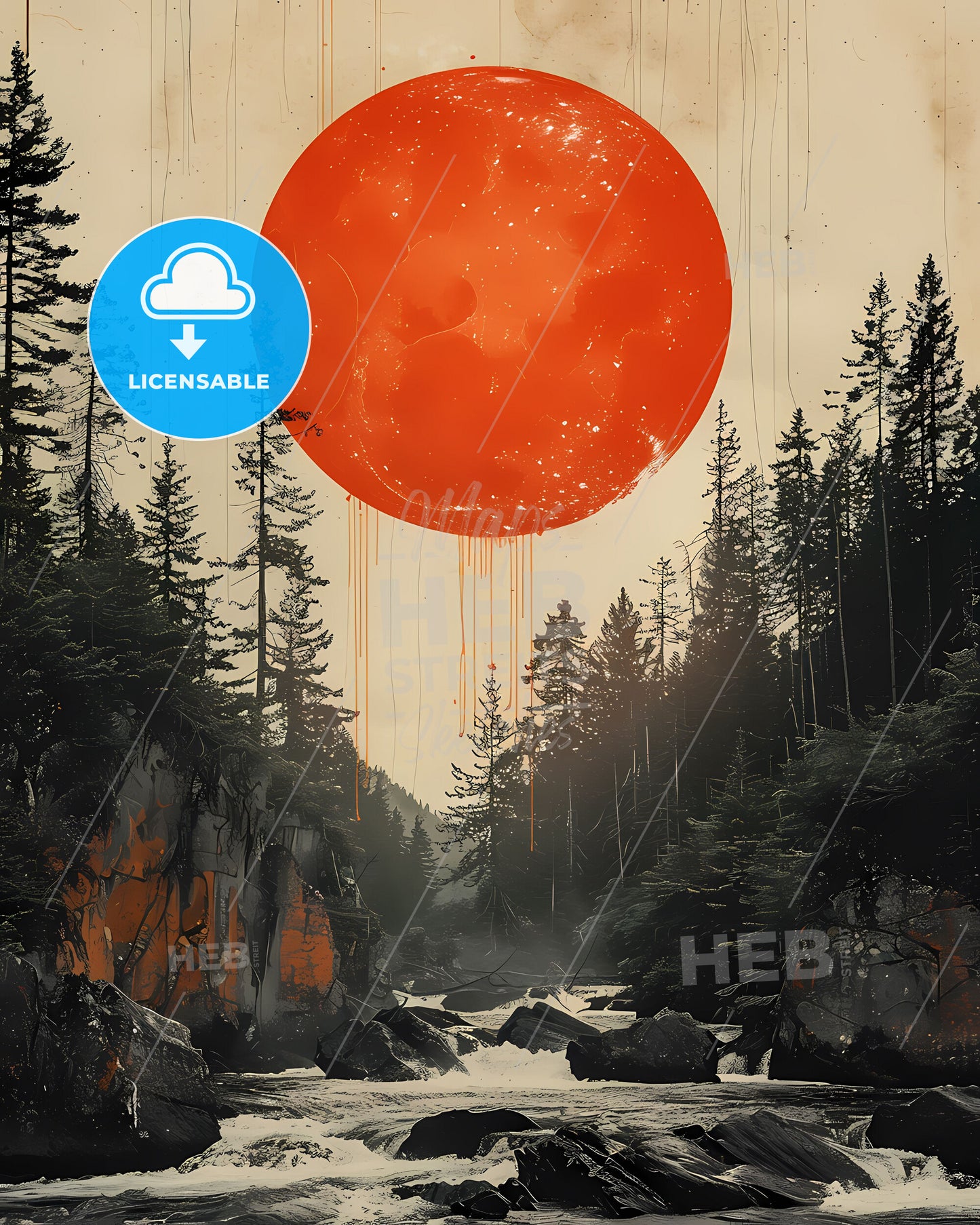 Minimalist Forest Red Moon Circle Collage Art Painting Vibrant