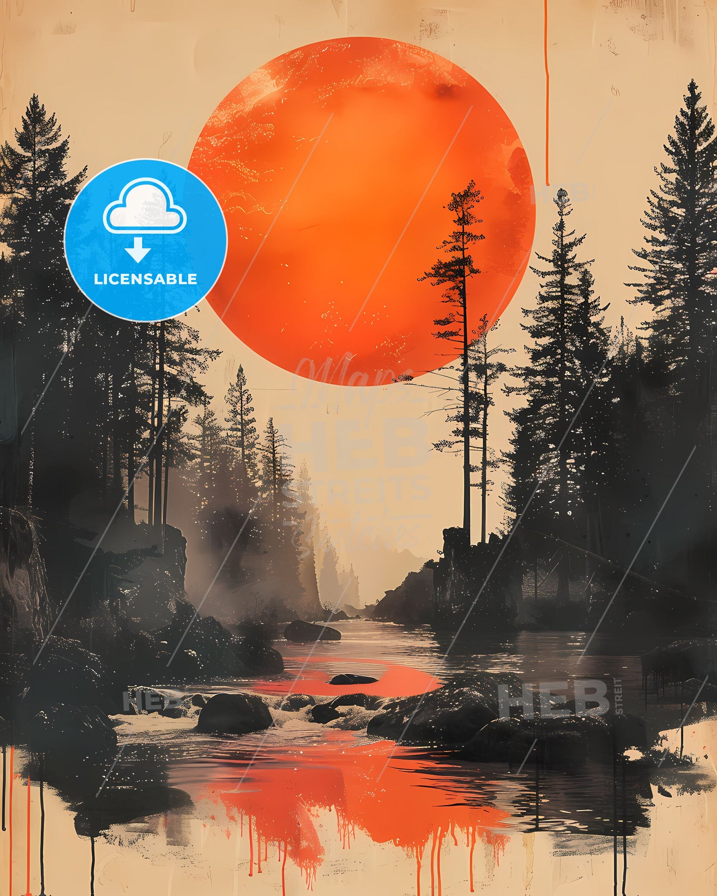 Mesmerizing Forest Landscape with Minimalist Red Circle and Vibrant Moon Painting, Digital Collage Art