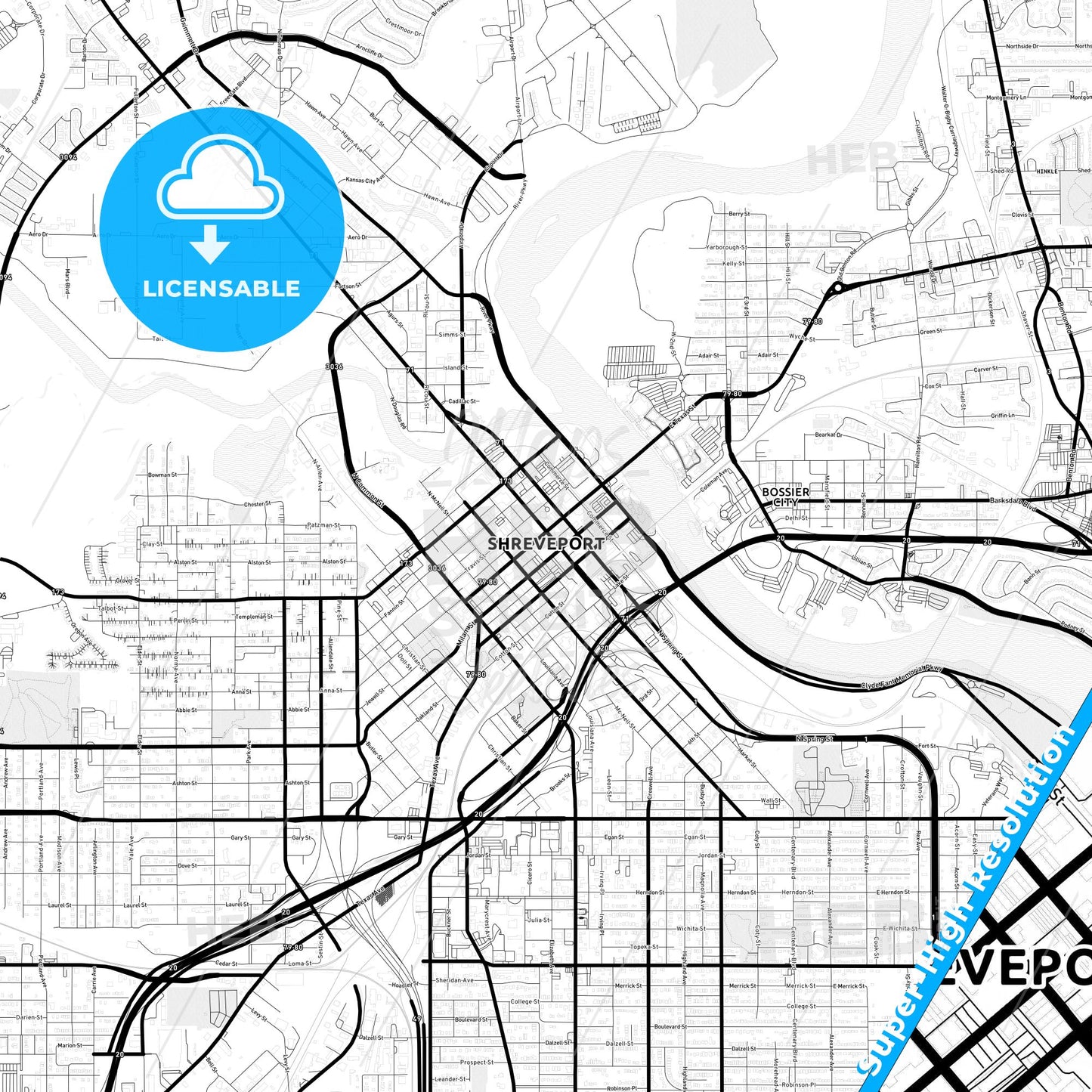 Shreveport, Louisiana Light Map with Street Names, City Names, and Districts