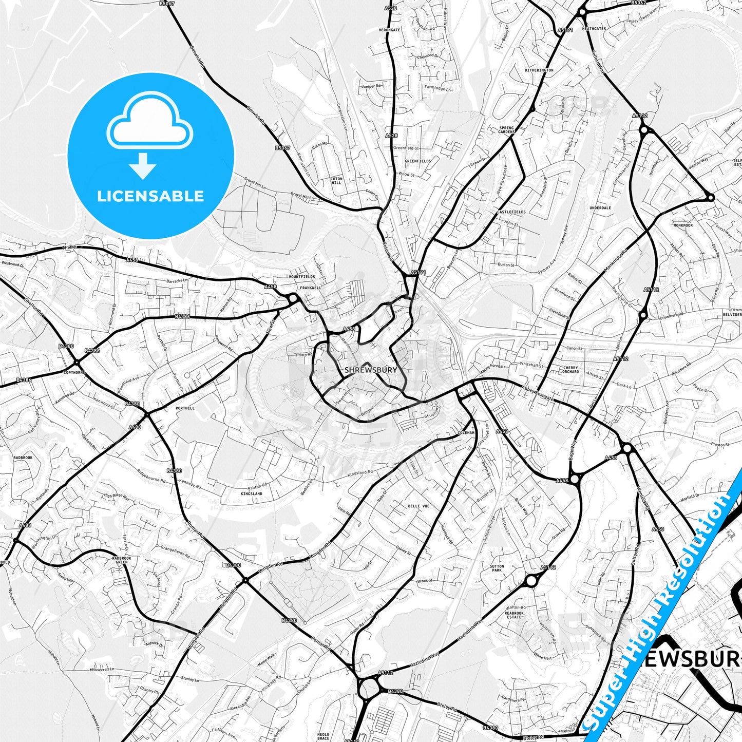 Shrewsbury, England Light Map with Street Names, City Names, and Districts